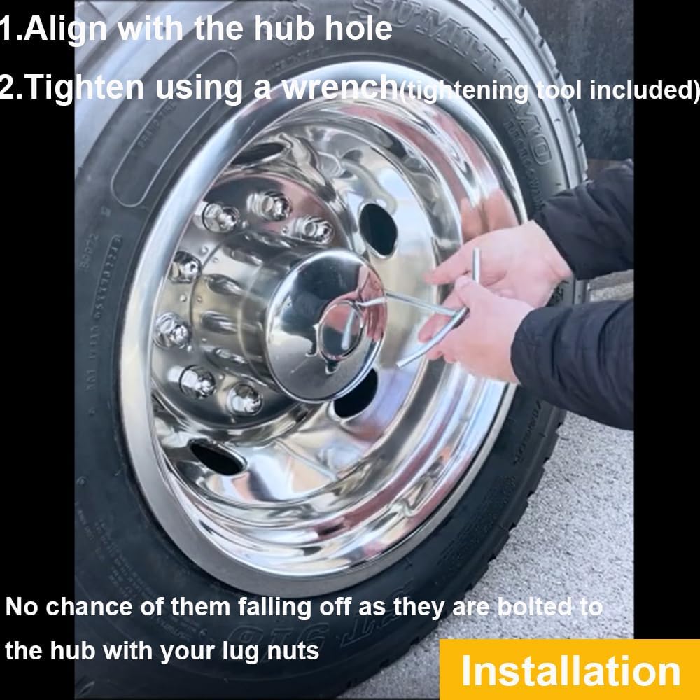 4pcs 17 inches Polished Dually Wheel Simulators, Bolt On 304L Stainless Steel Wheel Cover, Screw on 8 Lug 4 Hand Hole Hubcaps Fit for 2005-2024 Ford F350 2WD/4WD w/Tool Kit 708A