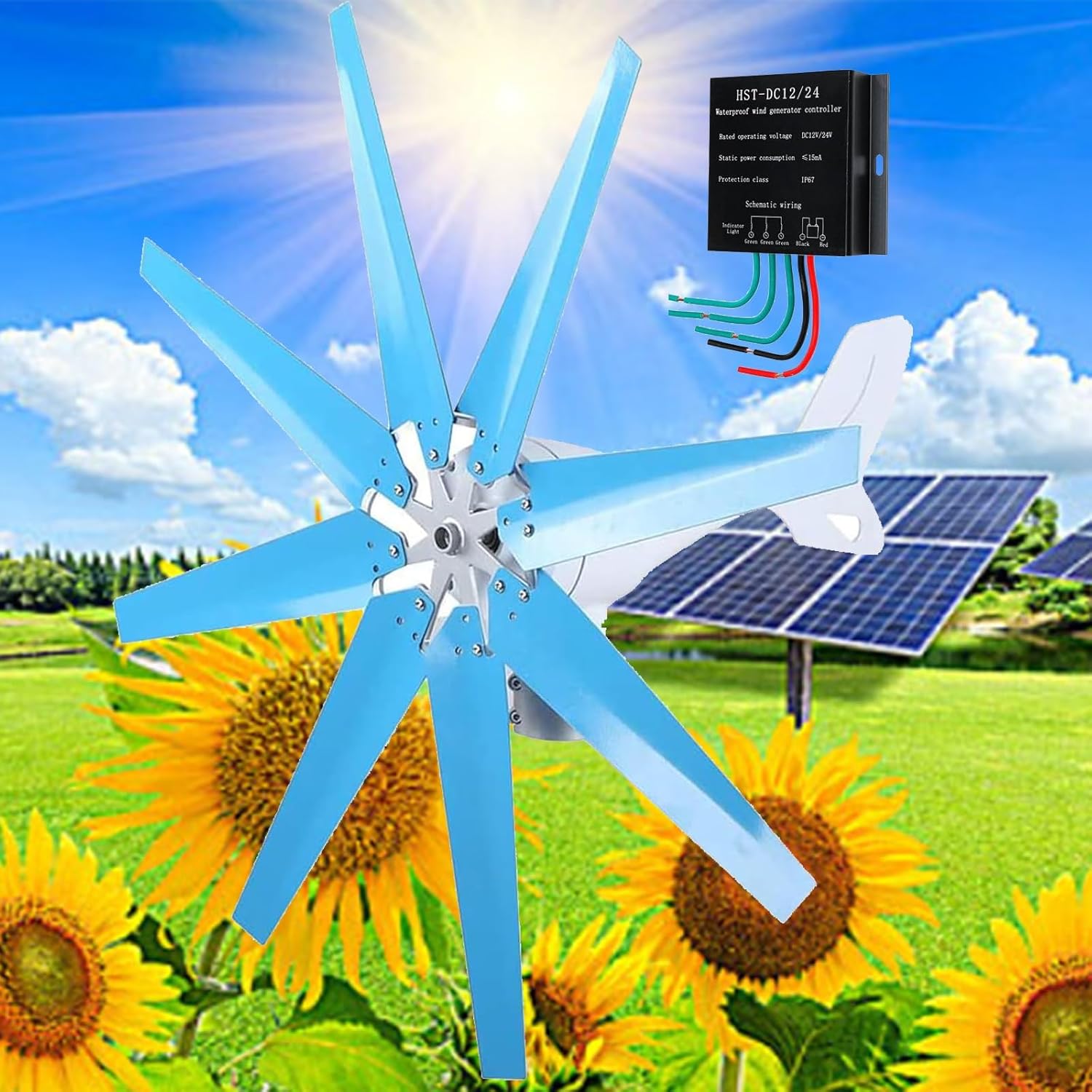 Wind Turbine Generator 12V 24V 48V 16000W/20000W Wind Power Generator With MPPT Controller 8/10 Blades Auto Adjust Windward Direction Suitable for Terrace,Marine, Motor Home,Chalet,Boat(16000W(8 blade