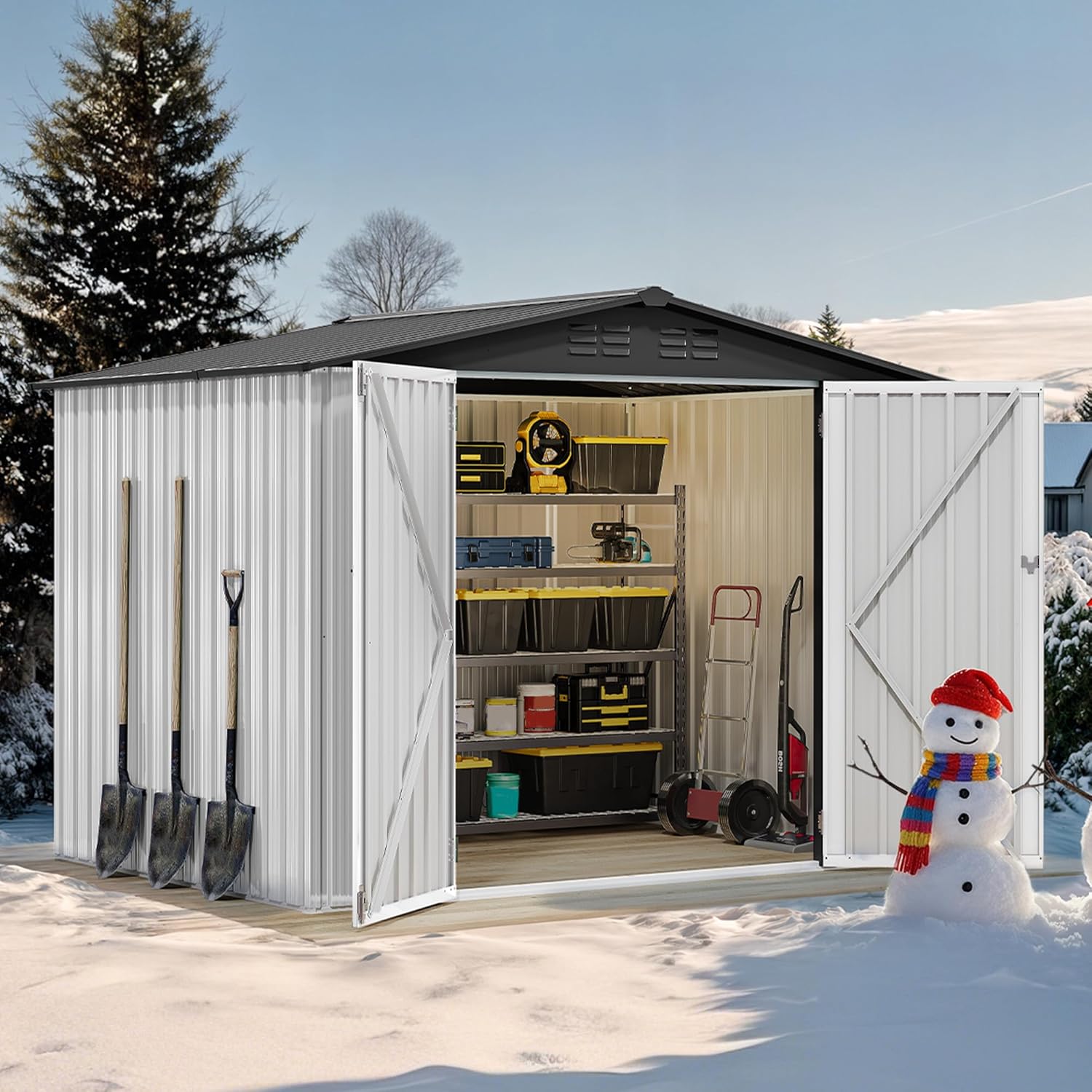 DWVO 8x6FT Outdoor Storage Shelter, Roomy Steel Tool Shed with Secure Entrances & Air Circulation for Patio, Lawn, and Backyard, Ideal for Storing Garden Gear, Lawn Tools, and Bikes, White