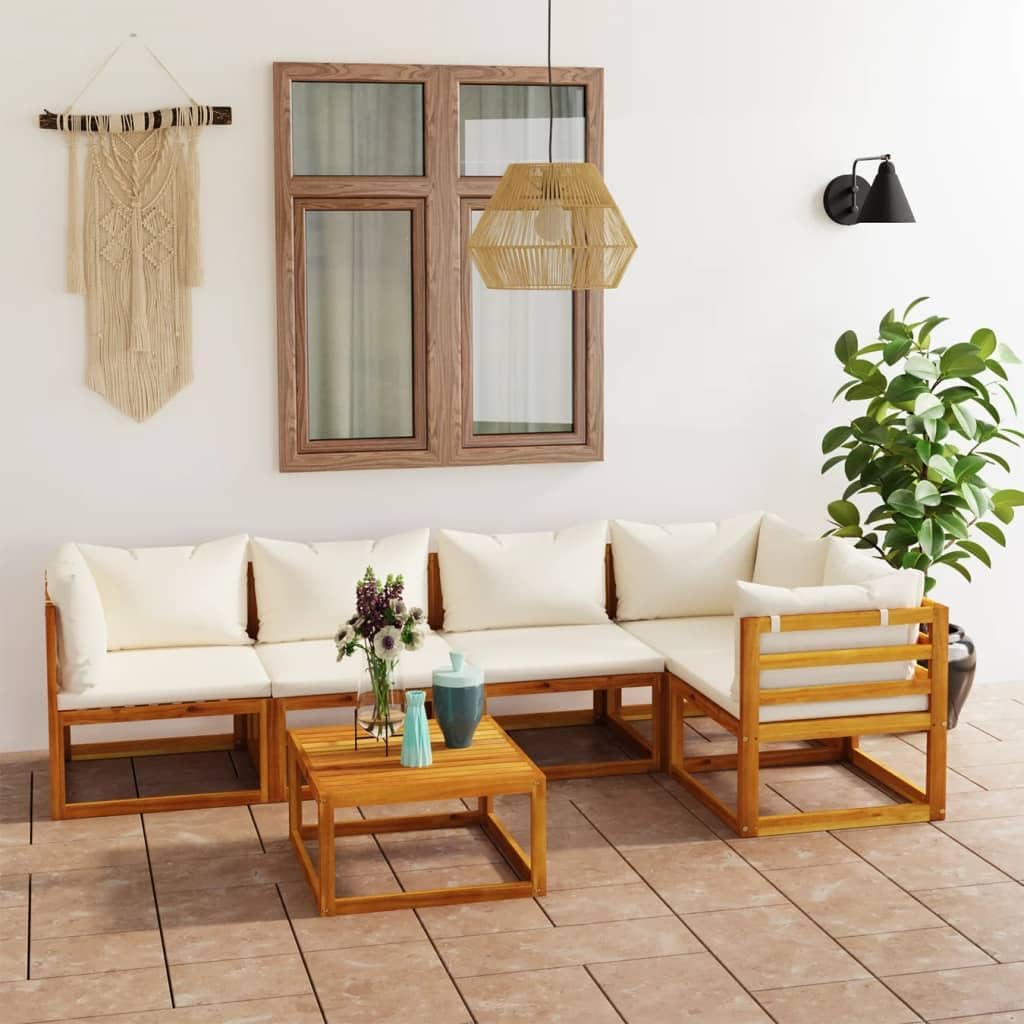 6 Piece Patio Lounge Set with Cushion Cream Solid Acacia Wood,Premium Acacia Wood Lounge Set: Modular Outdoor Patio Seating with Cream Cushions Furniture Sets for Patio, Lawn & Garden