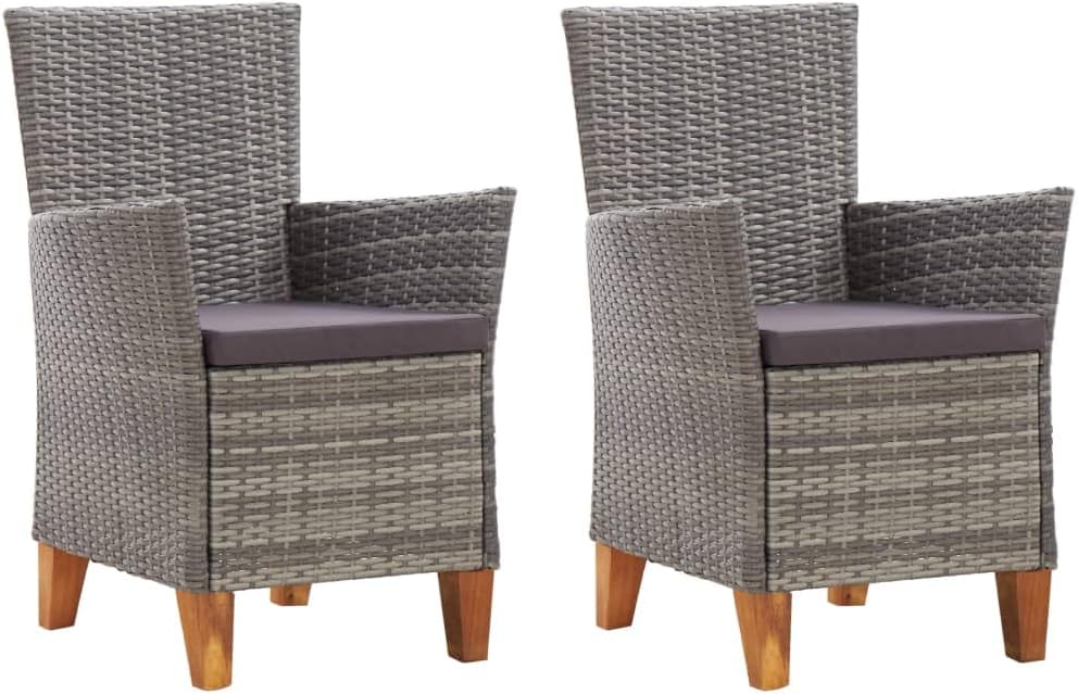 Patio Chairs 2 pcs with Cushions Poly Rattan Gray,Versatile and Comfortable Rattan Garden Chairs with Acacia Wood Feet for Outdoor Spaces Outdoor Furniture, Outdoor Chairs
