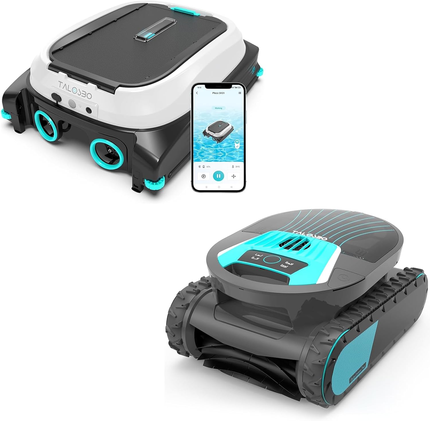 Pleco Pro Robotic Pool Cleaner – Cordless, Smart APP, 210 Min Runtime & Pleco SK01 Solar Powered Robotic Pool Skimmer with APP Support