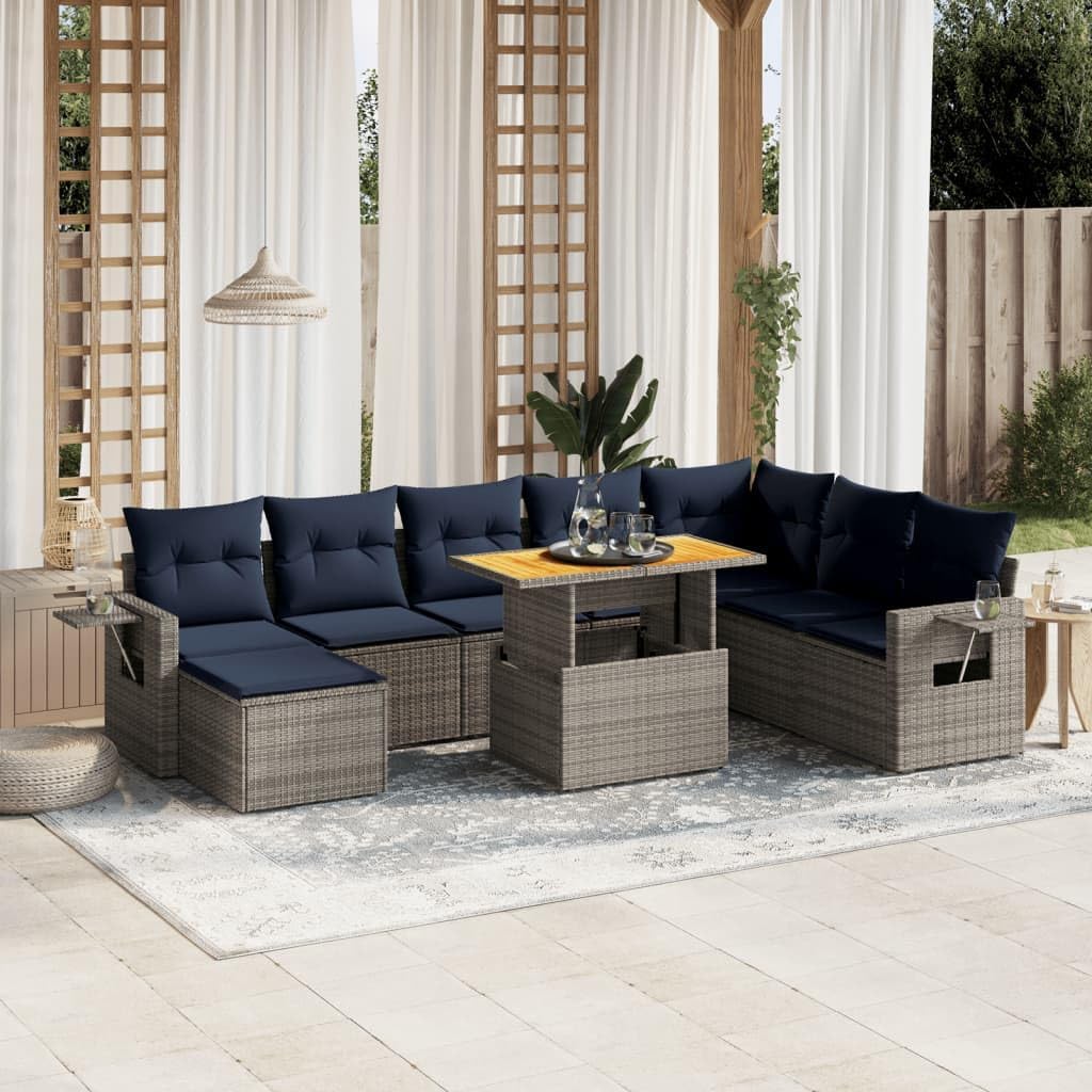 9 Piece Patio Sofa Set with Cushions, Gray Poly Rattan Outdoor Furniture, Adjustable Dining Table, Modular Design for Backyard, Terrace