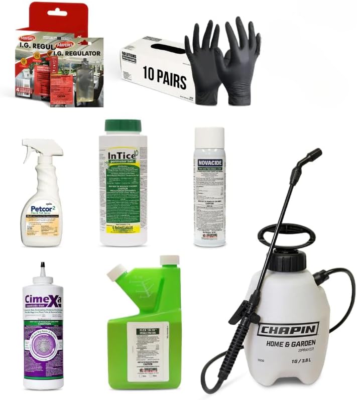 All-in-One Flea & Tick Control Kit – Indoor/Outdoor Program with Flex 10-10, Novacide, Martin’s IGR, InTice 10, CimeXa dust, Petcor 2, Plus Bait Stations, Sprayer & Gloves.
