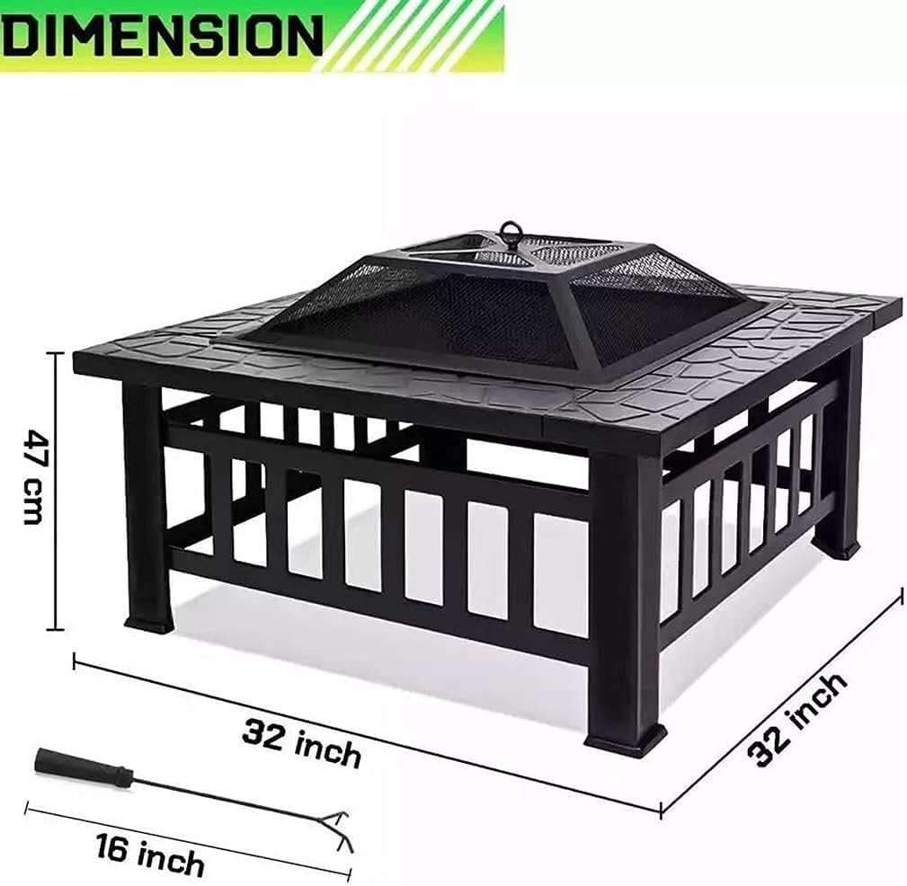 32Inch Outdoor Fire Pit Table, Wood Burning Firepit with Waterproof Cover,Spark Screen and Grill, Metal Square Firepits Grill and Grate for Garden,Patio,Yard and Camping