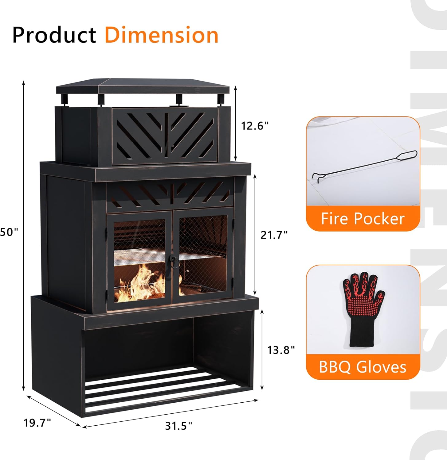 Outdoor Fireplace with Chimney and Wood Storage, Metal Wood Burning Fire Pit with Heat Resistant Gloves, Fire Poker and Grill Mesh, Outside Fireplace for Patio, Garden and Deck, Black