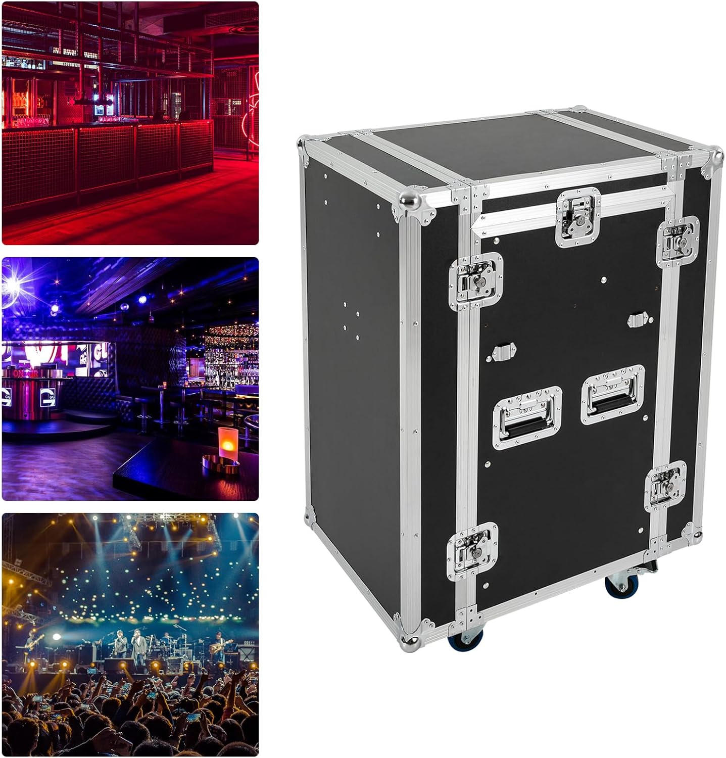 14U Mobile PA DJ Rack Road Case, Network & Stereo Rack with DJ Mixer Tops, Heavy-Duty 2-Tier Studio Equipment Cabinet with 4 Wheels, Amplifier Mixer Storage Stand for Live Sound, KTV, Home Theater
