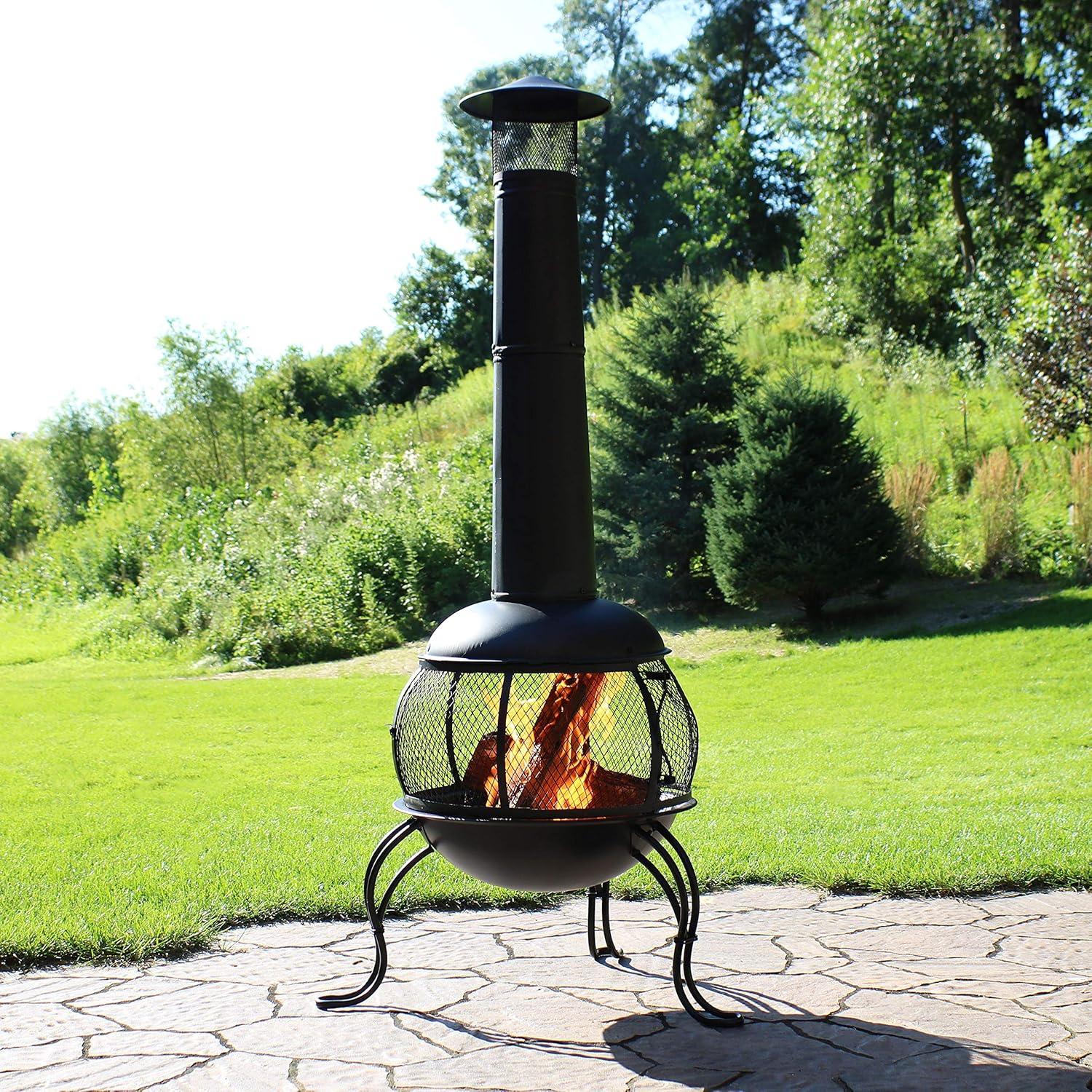 Sunnydaze 66-Inch Black Heavy-Duty Steel Wood-Burning Chiminea with Rain Cap - High-Temperature Paint Finish