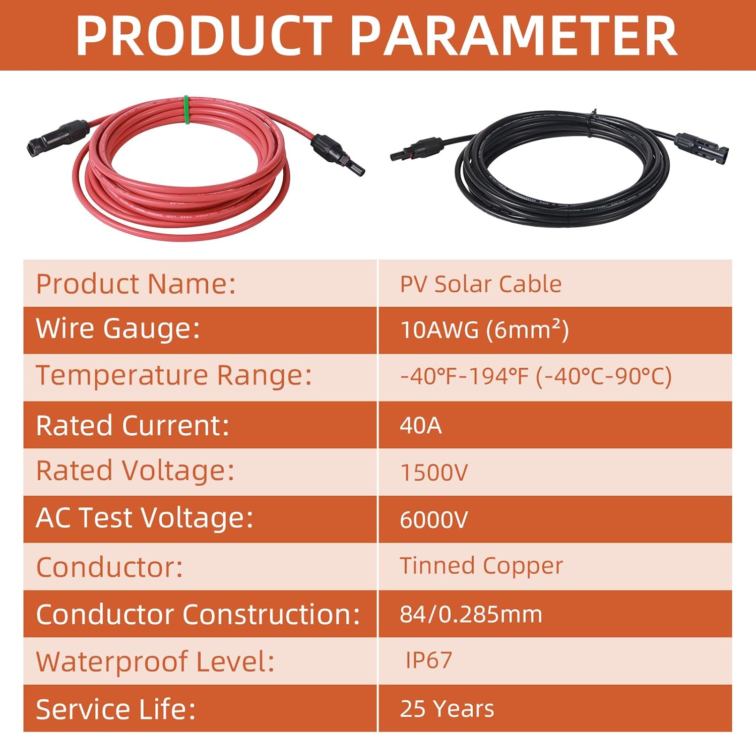 10AWG Solar Panel Extension Cable - 100FT Red + 100FT Black with Female and Male Connectors for Home, Boat, and RV Solar Panels