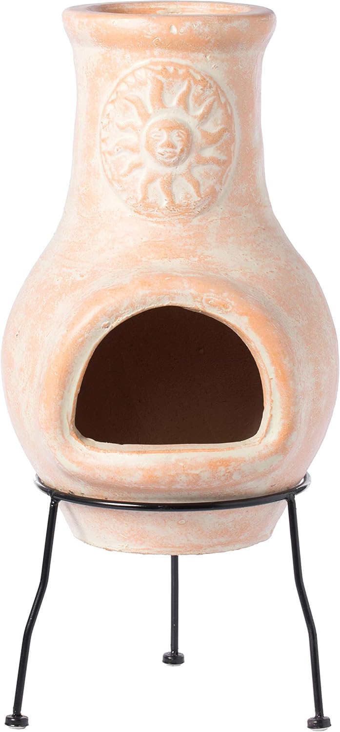 Outdoor Clay Chiminea Sun Design Charcoal Burning Fire Pit with Sturdy Metal Stand