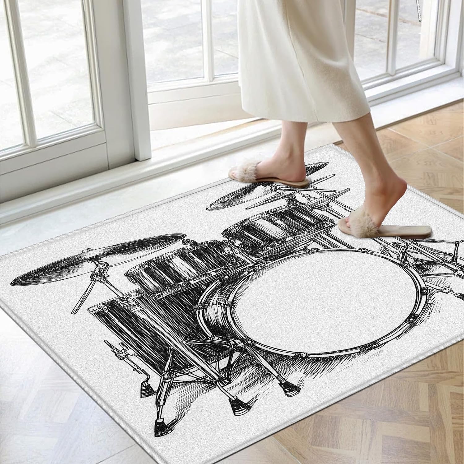 Drum Set Carpet for Bedroom, Sketch Music Theme Large Rug for Living Room, Musical Instrument Area Rug 8x10 ft Low Pile Soft Non Slip Machine Washable Rugs for Playroom Office Nursery Dorm