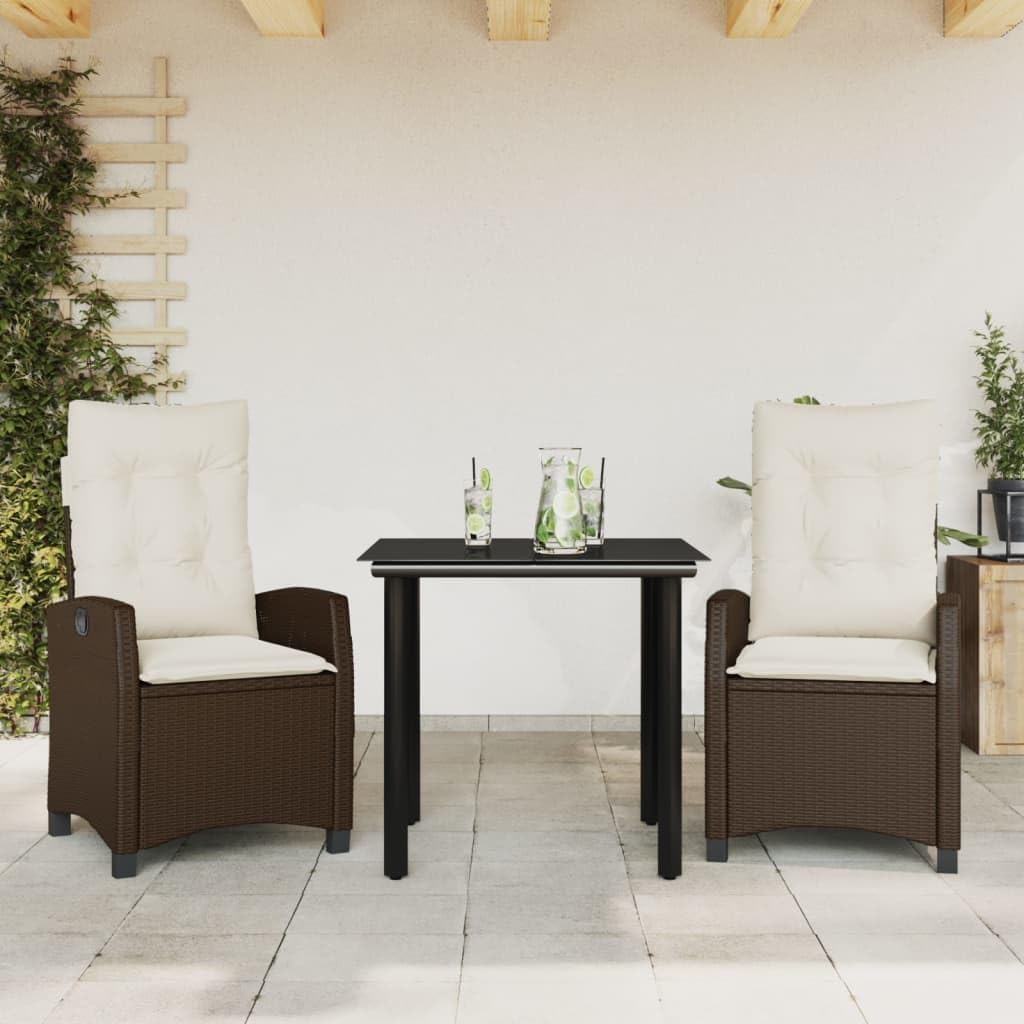 3 Piece Patio Dining Set with Cushions Brown Poly Rattan,Outdoor Dining Furniture Set with Adjustable Backrest and Cushions for Garden, Patio or Backyard Furniture Sets for Patio, Lawn & Garden