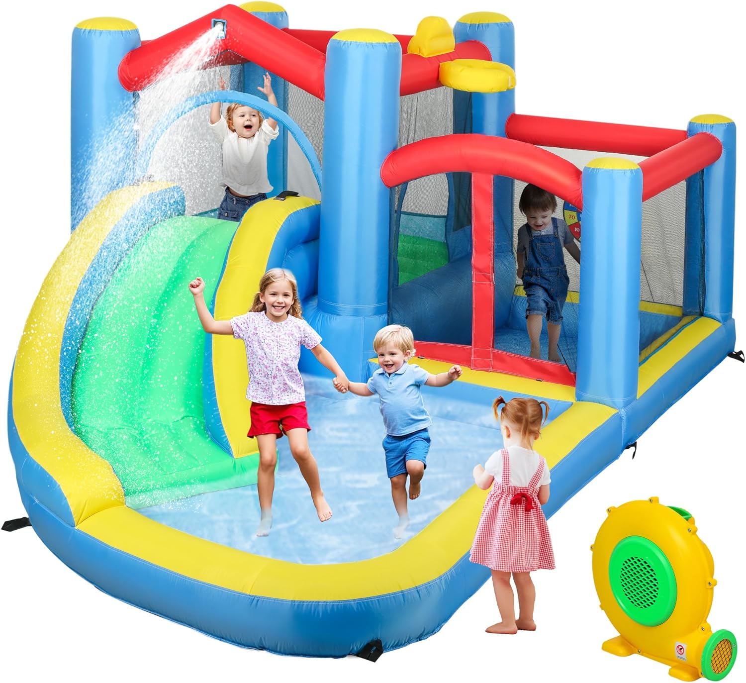 Qaba Inflatable Water Slide, Water Bounce House for Kids Outdoor Fun with Large Trampoline, Splash Pool, 550W Blower, Basketball Hoop, Dart Board, Jumping Castle Kids Backyard Party Gifts