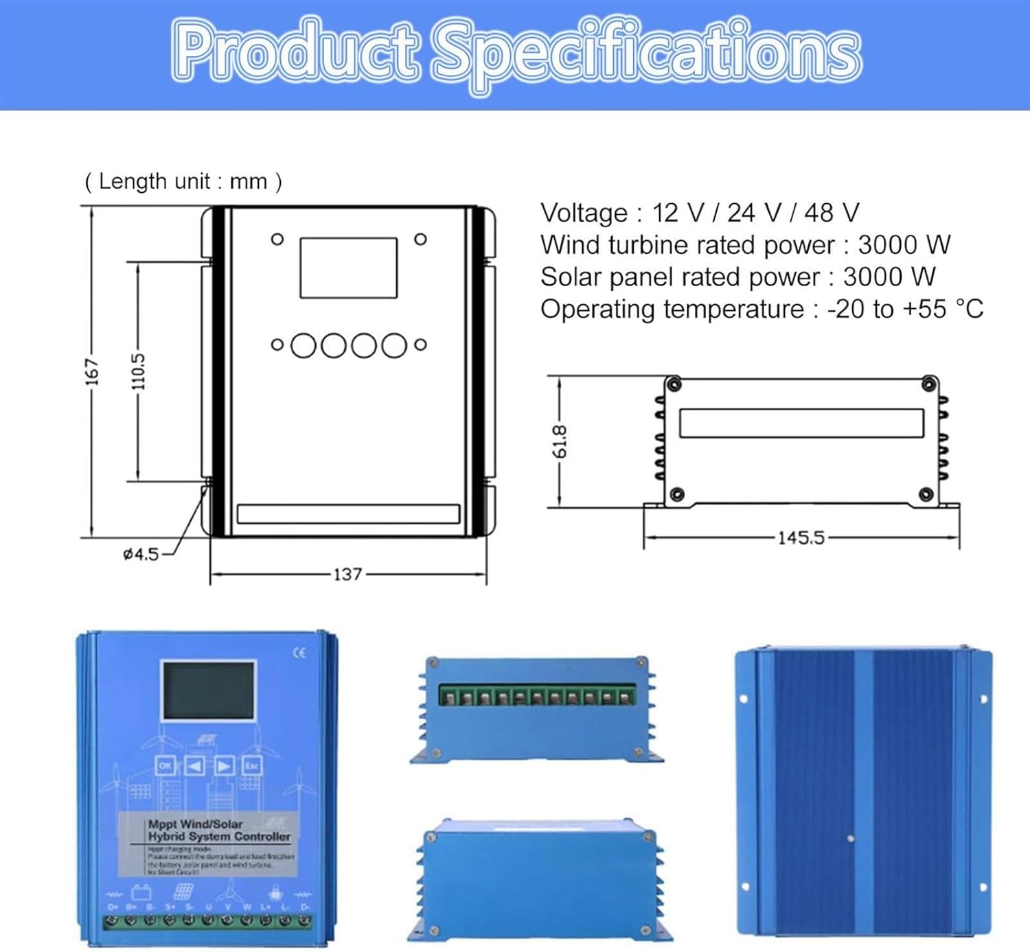Hybrid Controller 5KW 10KW 12V 24V 48V Wind Solar Power MPPT Regulator for Wind Turbine Generator Charging Batteries Auto Battery Off Grid,12V