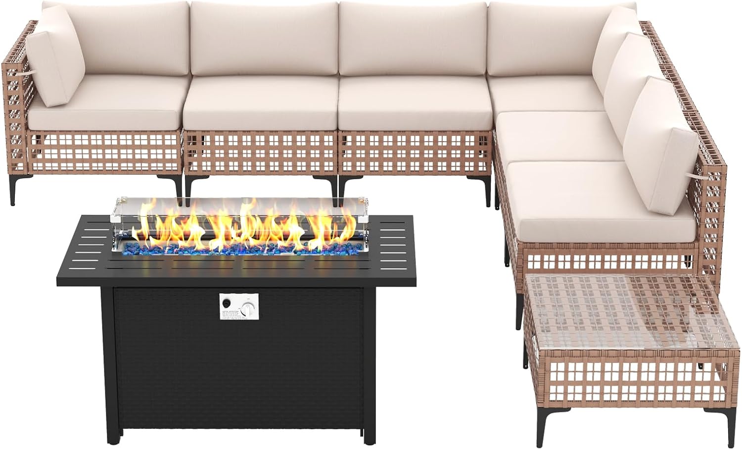 Patiorama 8 Piece Wicker Patio Furniture Set with 45” Fire Pit Table,Natural-Colored PE Rattan Outdoor Sectional Sofa, 50000 BTU Propane Fire Pit w/Wind Guard,Cover,Water Resistant Cushion-White