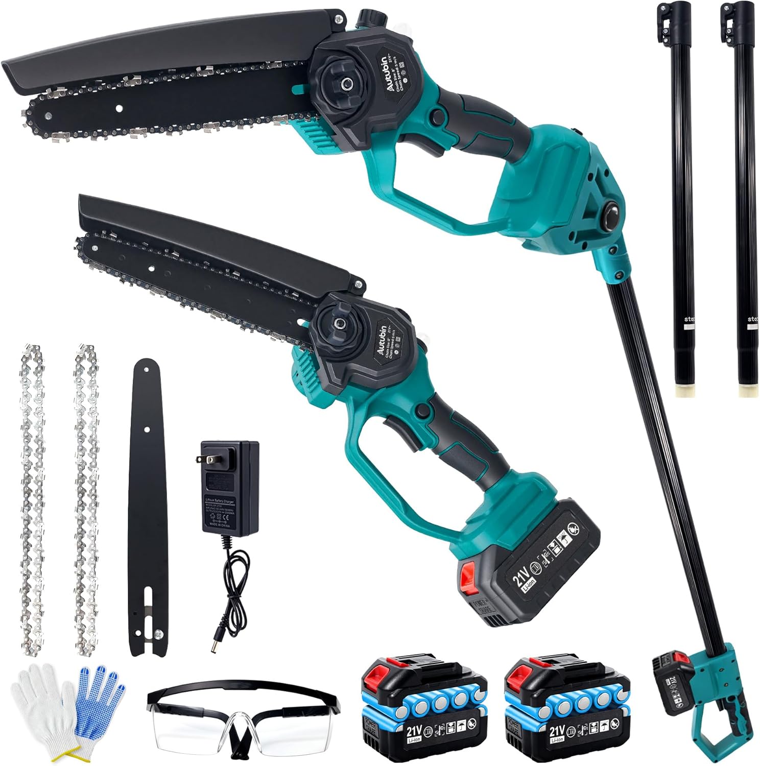 2-in-1 Pole Saw for Tree Trimming, Electric Mini Chainsaw Cordless with Extension Pole, Battery Powered with 2 * 4.0Ah Batteries & Charger, Brushless, 15FT Max Reach for Outdoors Pruning