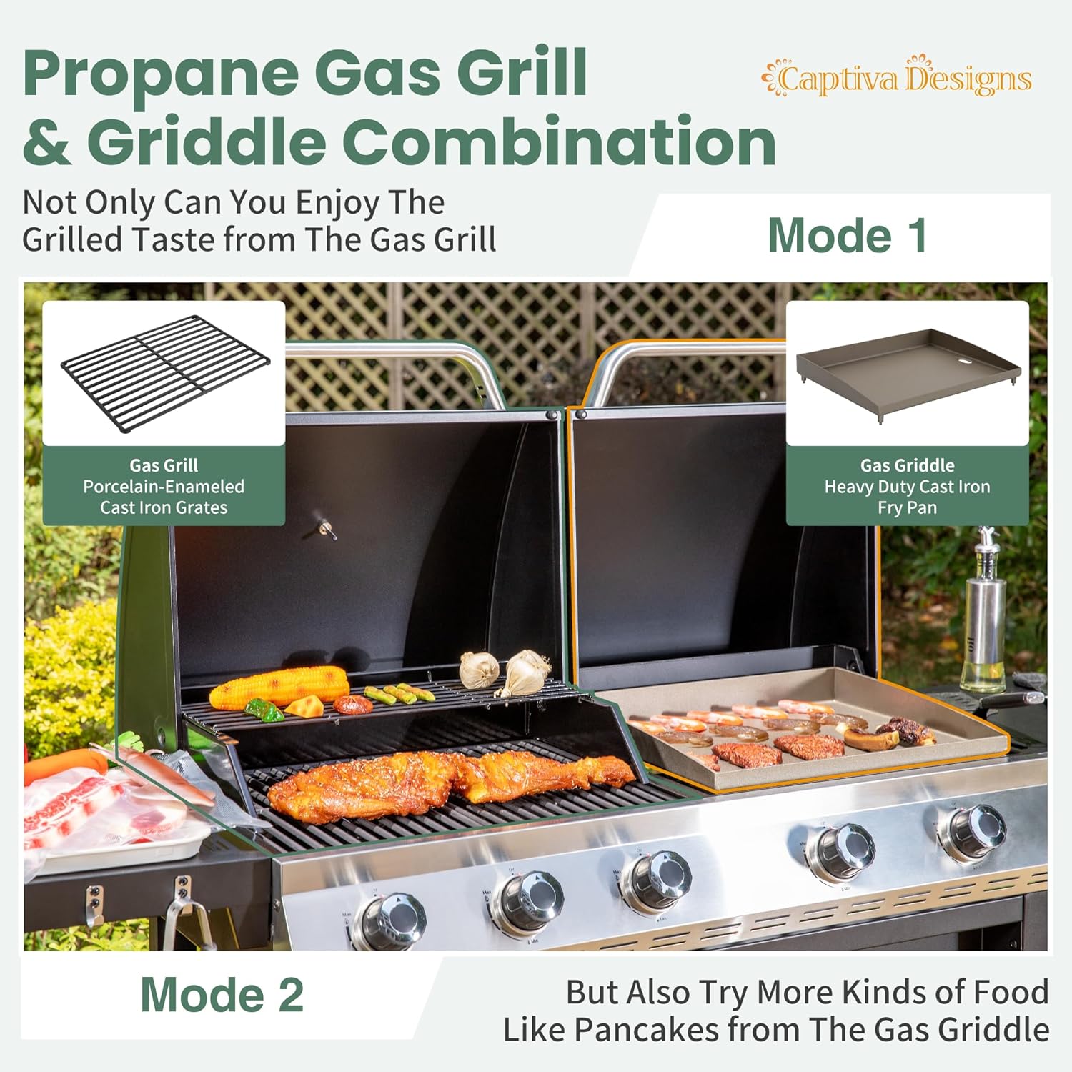 Captiva Designs Propane Gas Griddle Grill Combo with Porcelain-Enameled Cast Iron Grate & Cast Iron Pan, Dual BBQ Grill With Flat Top Griddle for Outdoor Kitchen & Backyard Barbecue,696 SQIN Cook Area