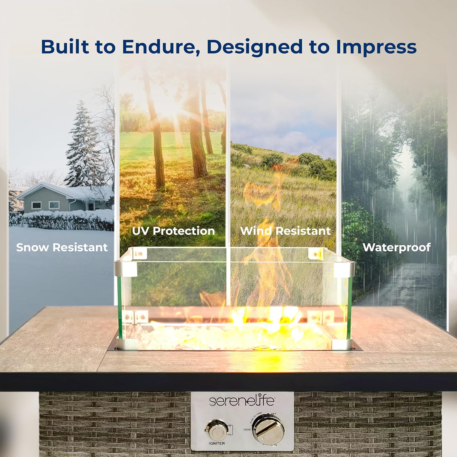 SereneLife Tabletop Propane Firepit, 30” Square Base Fire Table with Tile Tabletop & Clear Glass Rocks, 50,000 BTU, Stainless Steel Burner, Tempered Glass Wind Guard, Weather Resistant, 30”x30”x24”