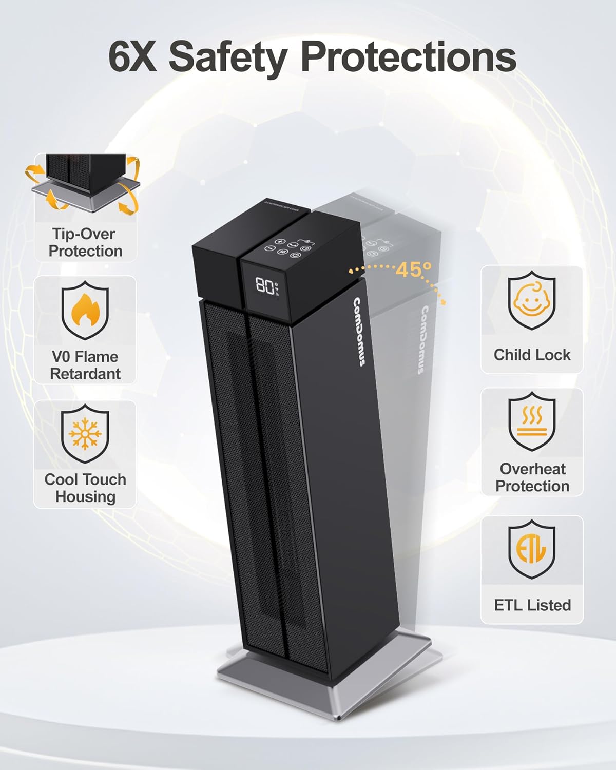 Space Heater Large Room, 25” Electric Room Heaters for Indoor Use with 120° Oscillation, 3 Heat Levels, 3 Modes, Multiple Safety Protections, 12H Timer, Black Ceramic Tower Heater for Bedroom