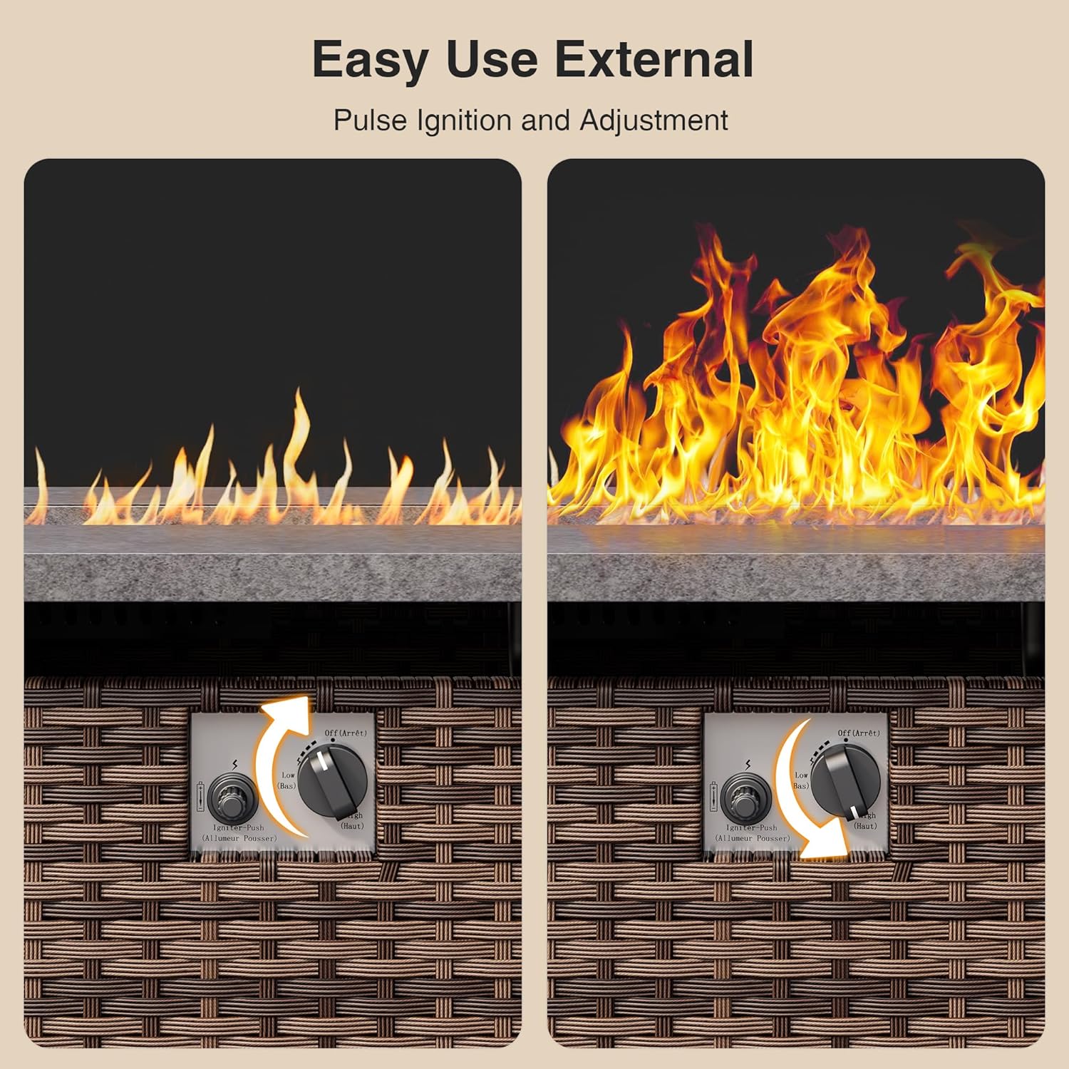 45'' Gas Fire Pit Table, Outdoor Gas Fire Pit with Hand-Woven PE Rattan, Glass Stones,Lid, 2 in 1 Fire Pit Table Gatherings Parties for Patio Deck Garden