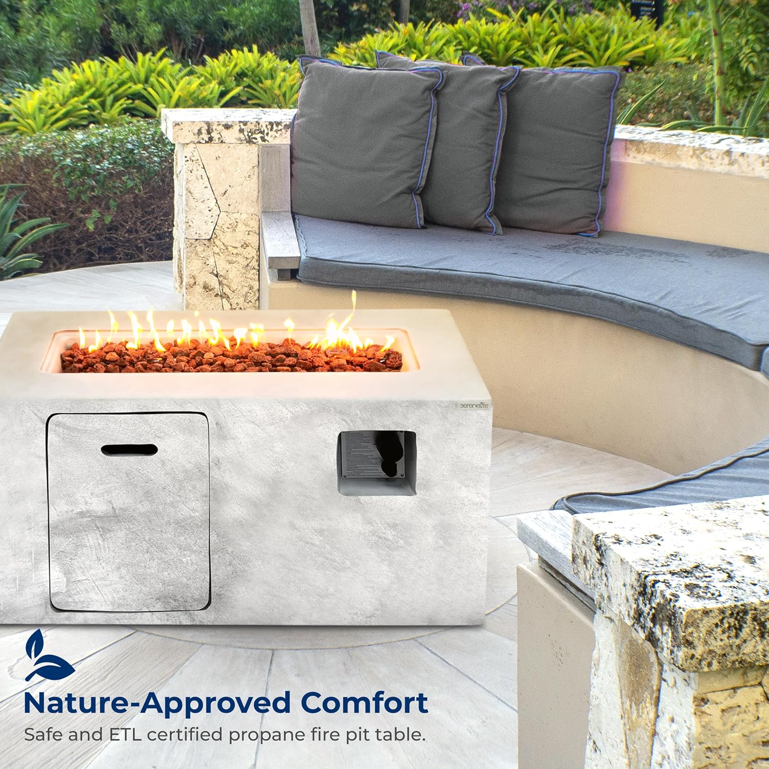 SereneLife Outdoor Propane Fire Pit Table - Square Gas Firepit with 50,000 BTU Heat, Stainless Steel Burner, Flame Control, Weather-Resistant Design, and PVC Cover for Patio or Backyard, 42