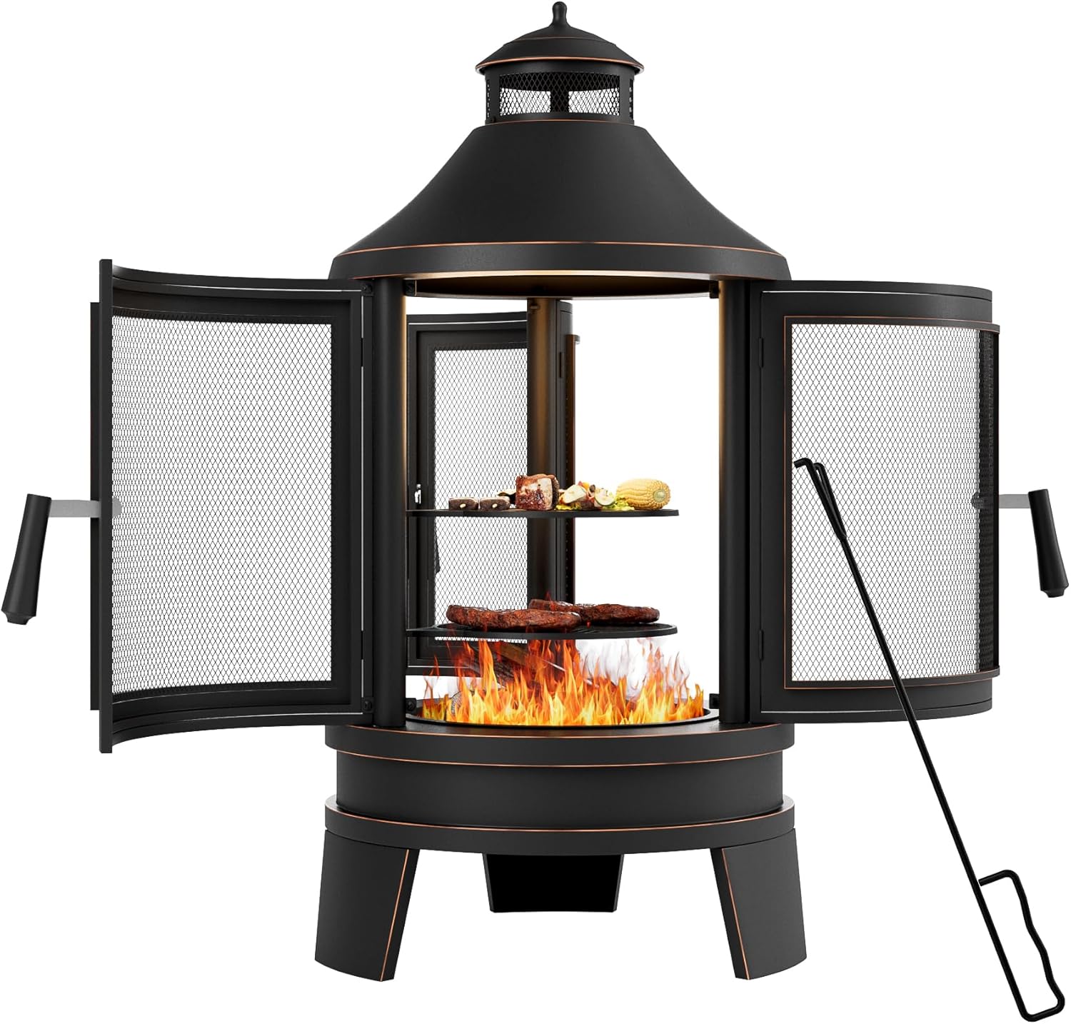 Outdoor Wood Burning Chiminea Fire Pit,24 Inch Metal Fireplace with Adjustable Grill Tray, Spark Screen Door & Fire Poker,Chiminea Firepit for Patio, Garden, Backyard,Black