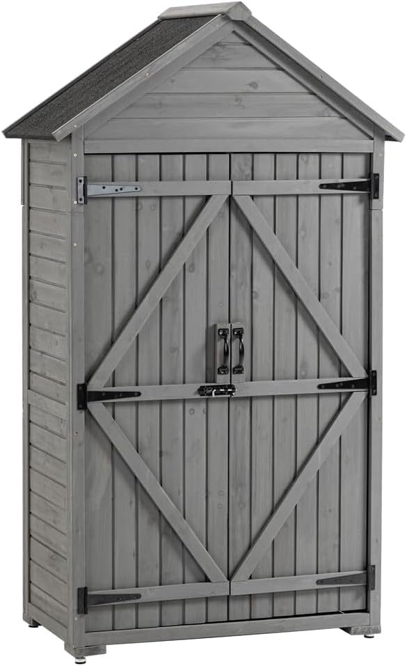 ASSYA Outdoor Storage Cabinet, Garden Wooden Tool Shed, Tool Storage Closet with Shelves and Latch for Garden, Patio, Backyard, Lawn