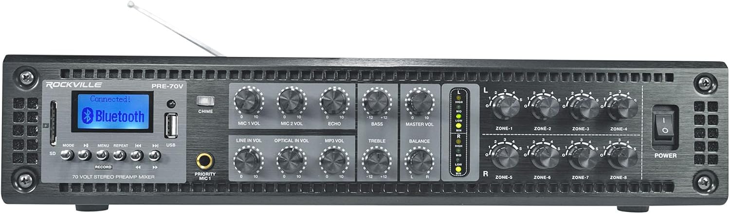 Rockville PRE-70V 8-Zone Stereo Preamp Mixer with Bluetooth, USB/SD/FM, Mic Inputs, Chime, Bass/Treble Control, for 70V Audio Systems