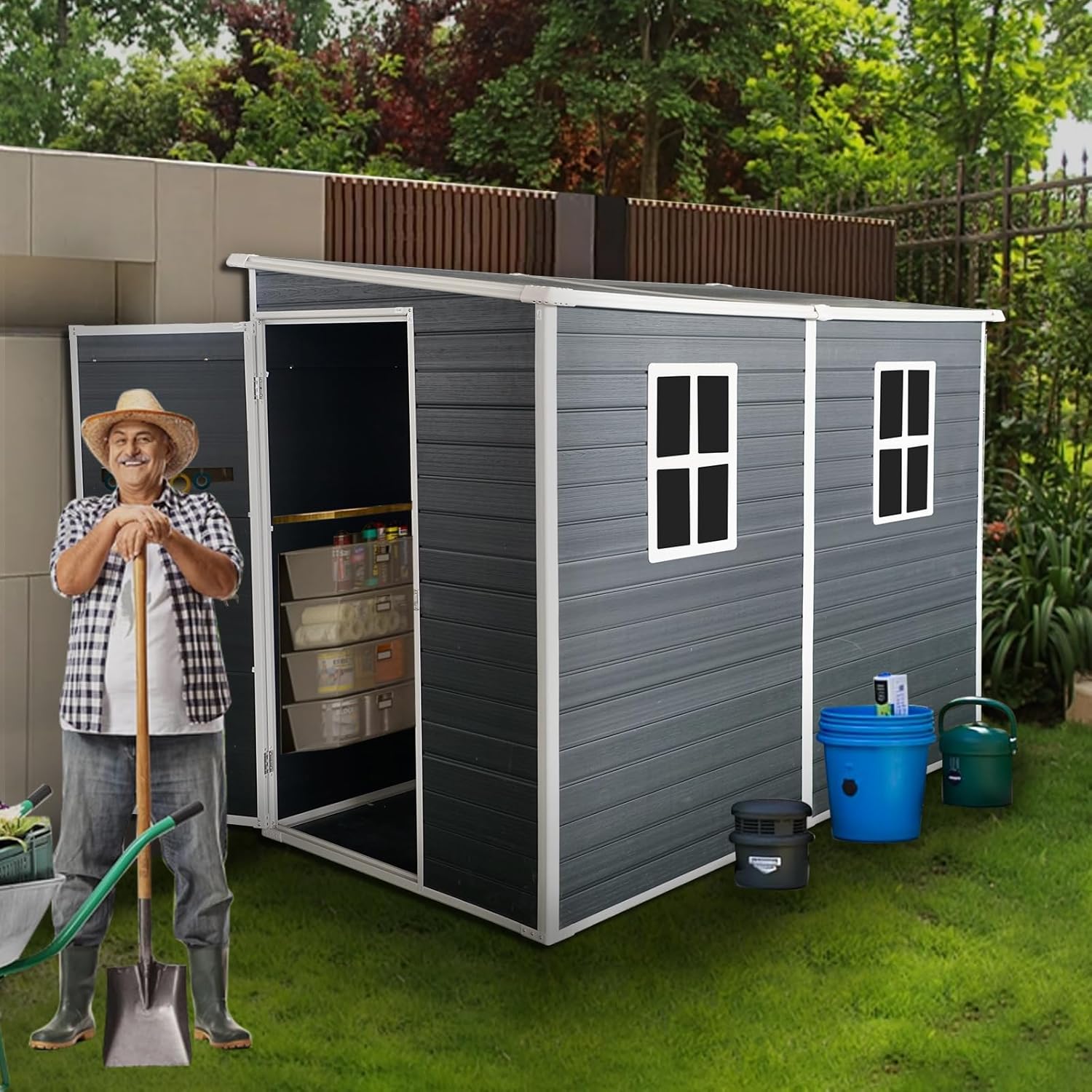 Outdoor Storage Shed 8x4 FT with Floor, Large Resin Shed for Garden Tools, Bikes, and Trash Cans | Lockable Plastic Shed with 2 Windows, Weather-Resistant Storage for Backyard and Patio