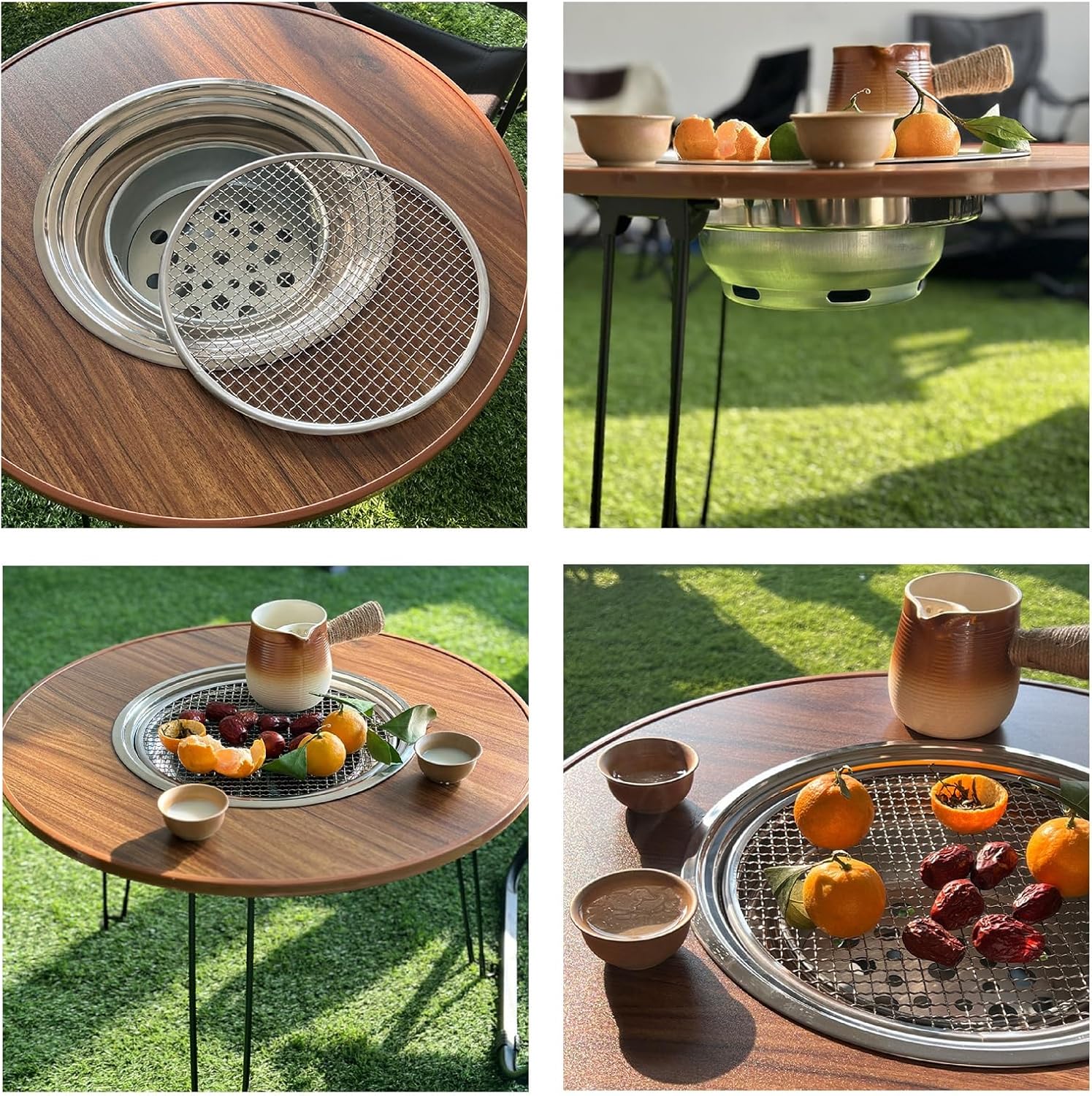 Small Outdoor Fire Pit Folding Table, Portable Fire Pit Wood Burning with Round Wood Tabletop, Lightweight Firepits for Outside Bonfire and Picnic