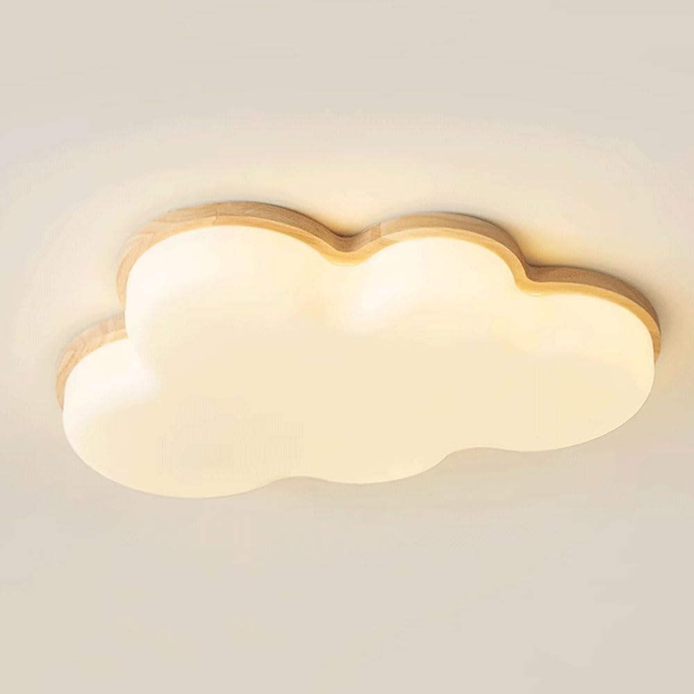 19.7in Flush Mount Ceiling Light 48W Wooden Base Ceiling Lamp for Kitchen 3000K/4000K/6000K Selectable Cloud Shaped Lighting Fixture for Closets, Stairwells, Basements(Natural,50cm)