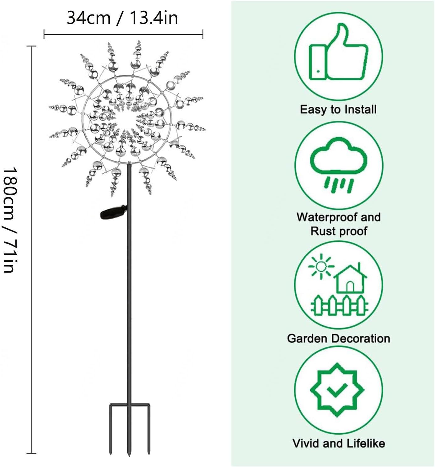 Solar Magical Metal Windmill, Kinetic Wind Spinners Outdoor 3D Wind Powered, 13.4 x 71in Garden Spinner,Gold