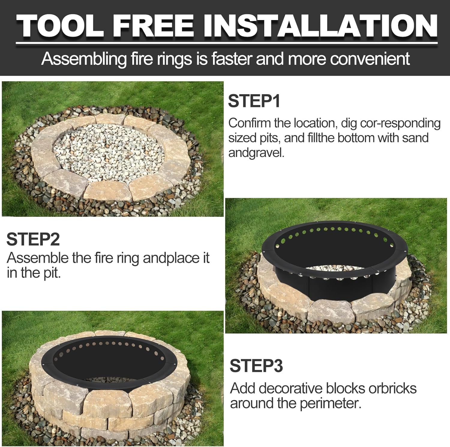 Outdoor Smokeless Large Fire Pit Ring 43 Inch Outer/39 Inch Inner Diameter, Heavy Duty Metal Round Liner Insert for Outside DIY Campfire or Bonfire Ring, Above or In Ground Use