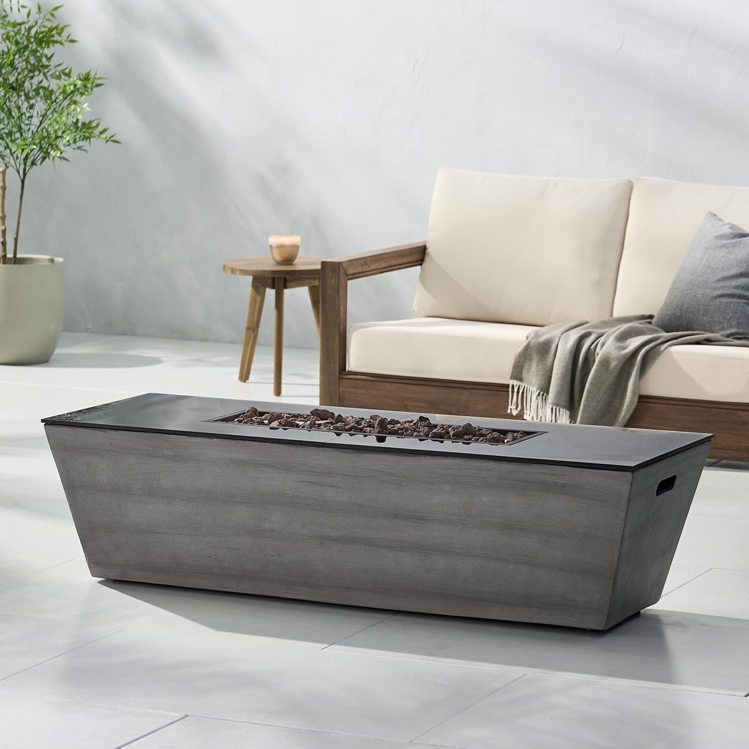 56 Inches Rectangle Fire Pit Table – 50,000 Btu, Outdoor Propane Fire Pit with Lava Rocks, Black & Gray Finish, Patio, Deck, Backyard (Black + Gray) (1 Doors)