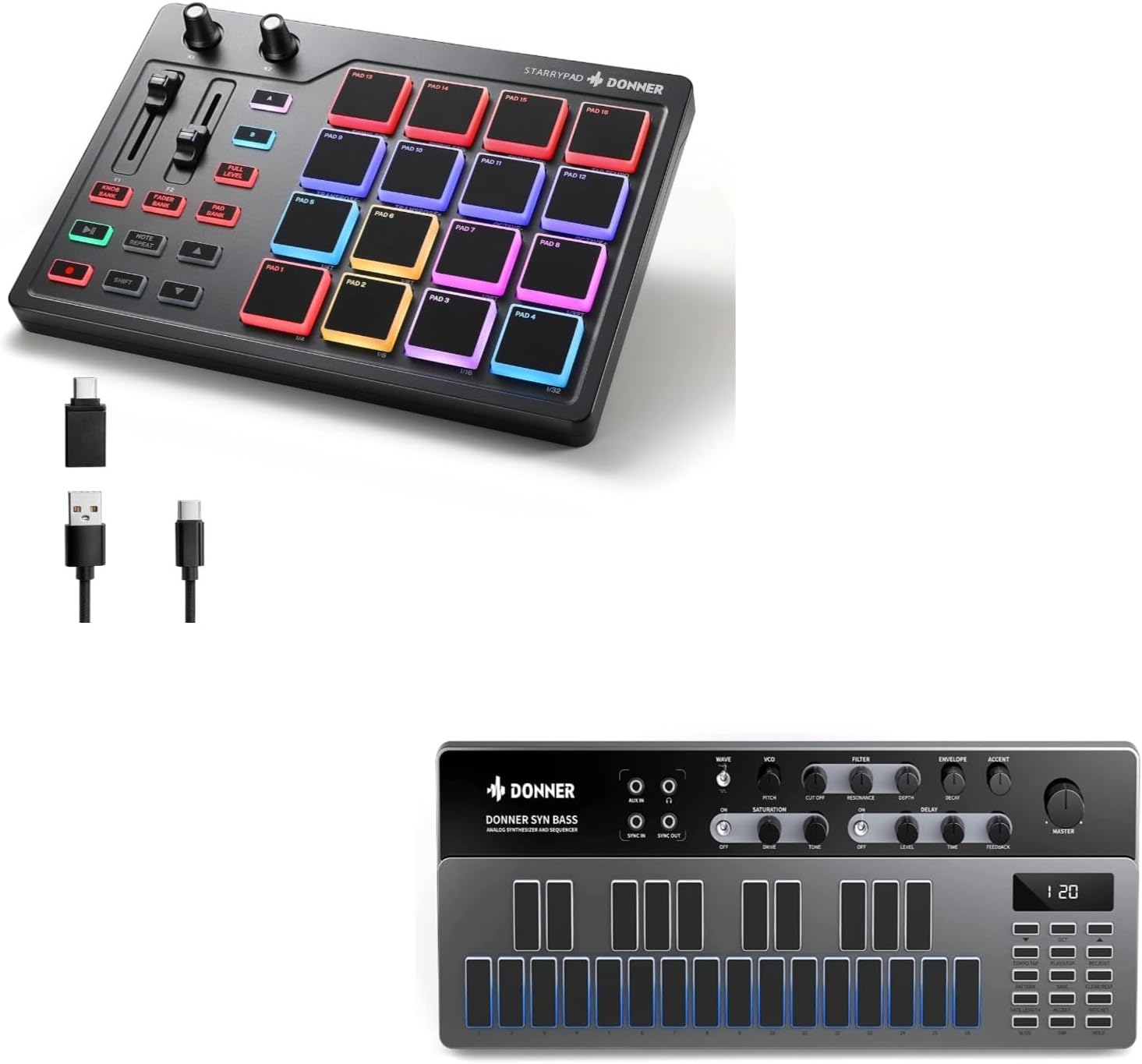 Donner MIDI Pad Beat Maker Machine+Analog Bass Synthesizer and Sequencer