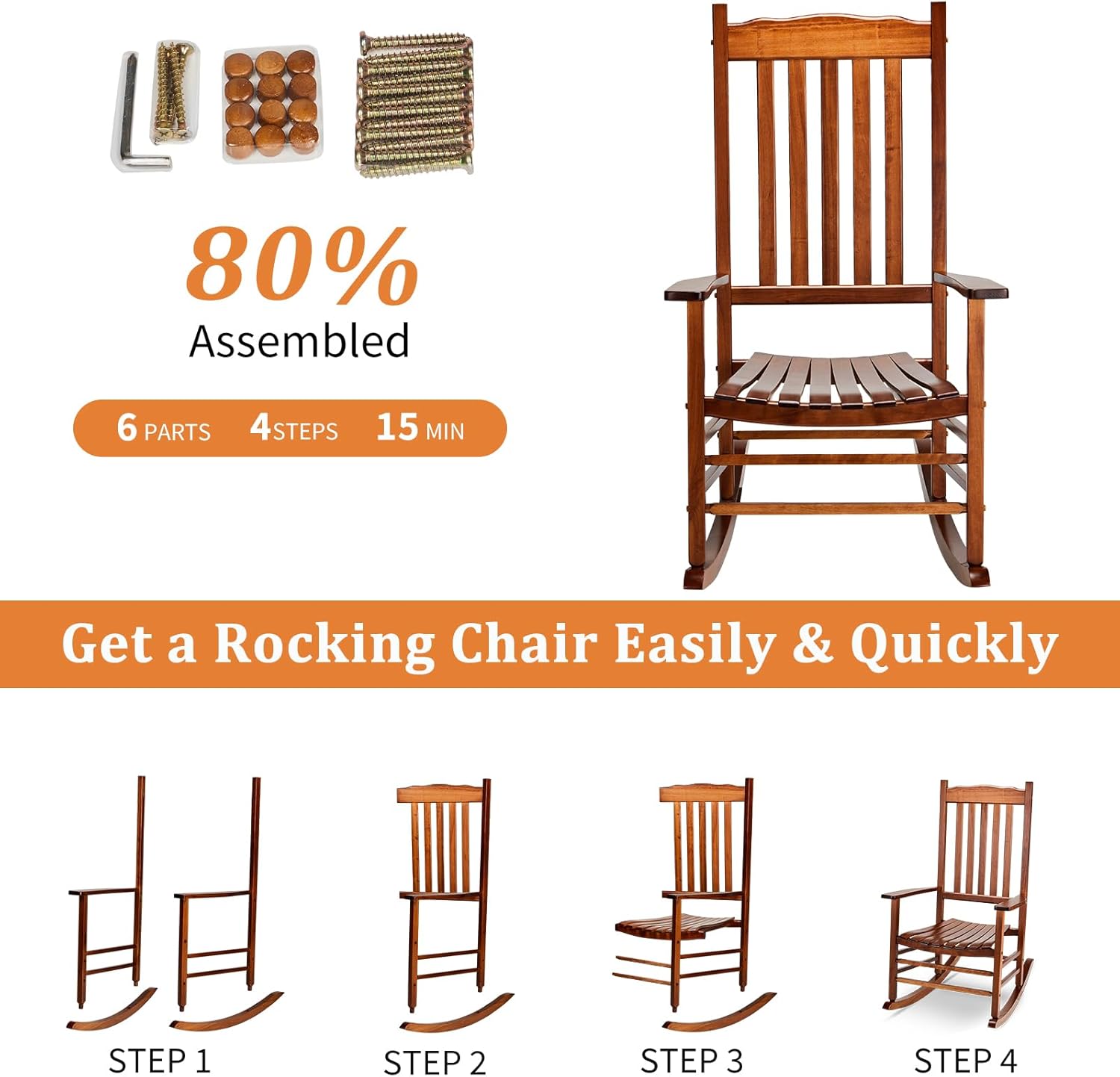 Outvita Outdoor Rocking Chair, Solid Wood High Back Rocker, All Weather Lounge Chair for Porch Patio Fire Pit Garden Backyard Deck Indoor, Wave Shape, Natural