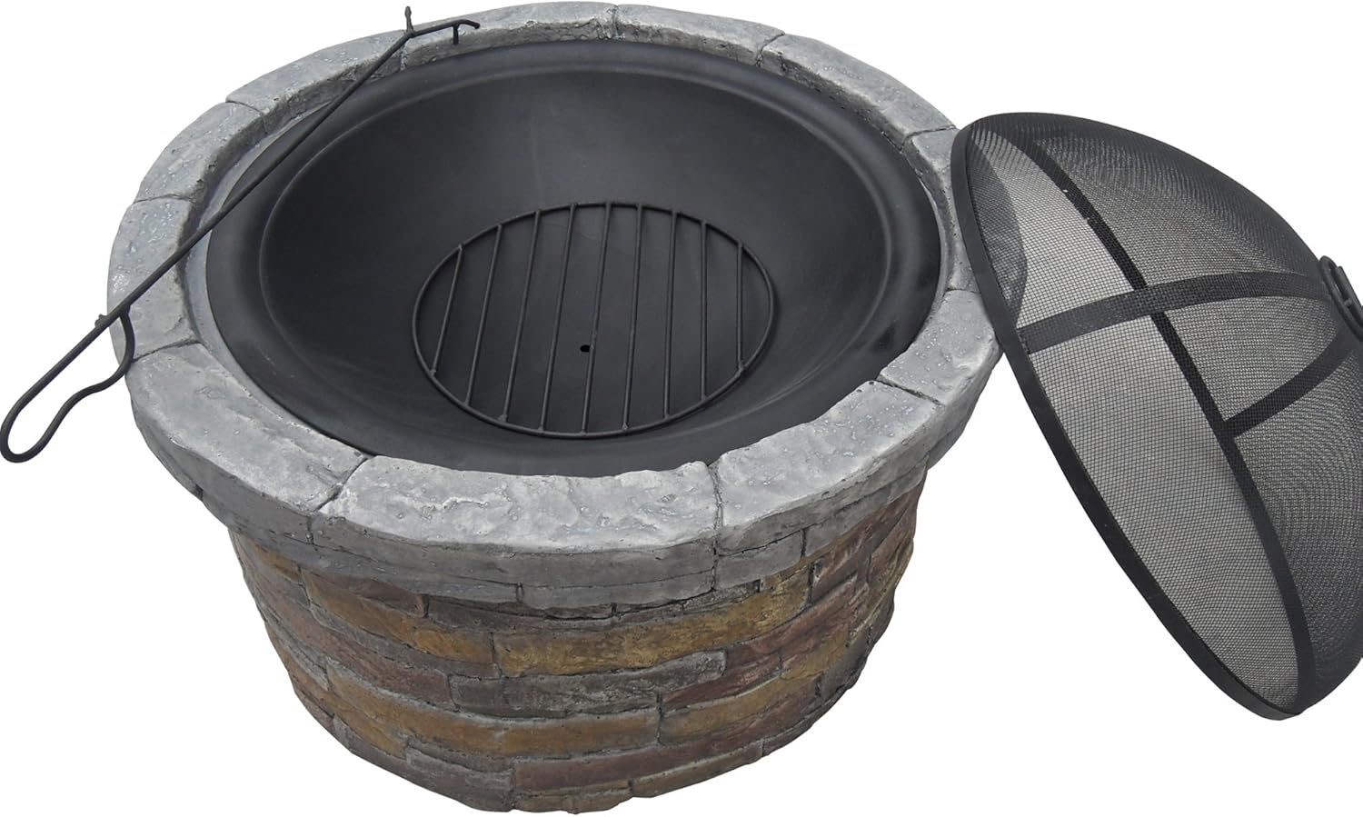 Teamson Home 26.5 in. Round Decorative Faux Slate Stone Outdoor Wood Burning Fire Pit with Spark Screen, Poker and Grill Grate for Self-Contained Fires for Entertaining at Home, Multicolored Stone