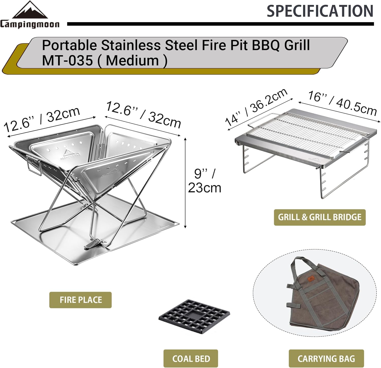 CAMPINGMOON 3-in-1 Portable Stainless Steel Wood Burning Grill and Fire Pit 14x15.35-inch with Carrying Bag MT-035