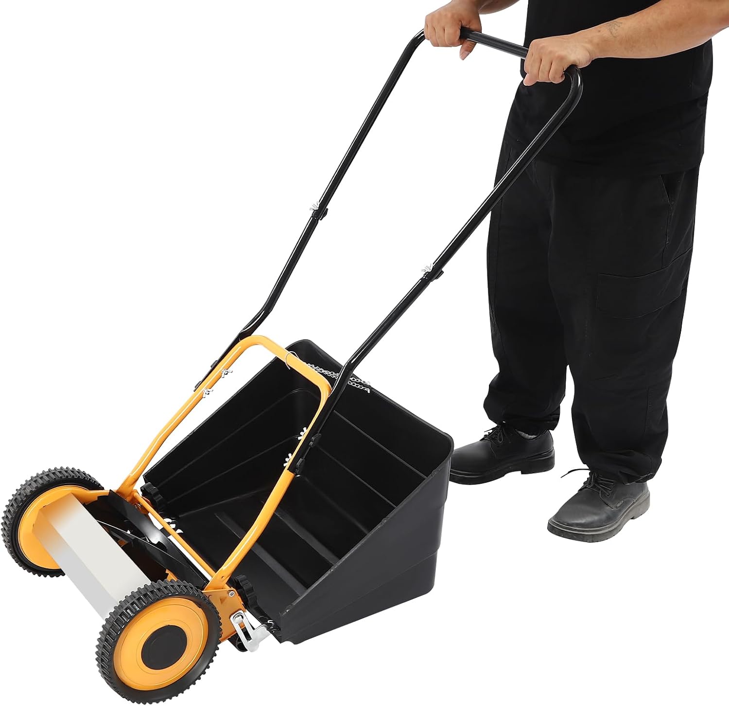 14in 4 Sharp Blades Hand Push Lawn Mower, Walk-Behind Wheeled Lawn Mower with Adjustable Height, Manual Copper No Moter with Grass Collecting Box for Park Landscaping Backyard Garden