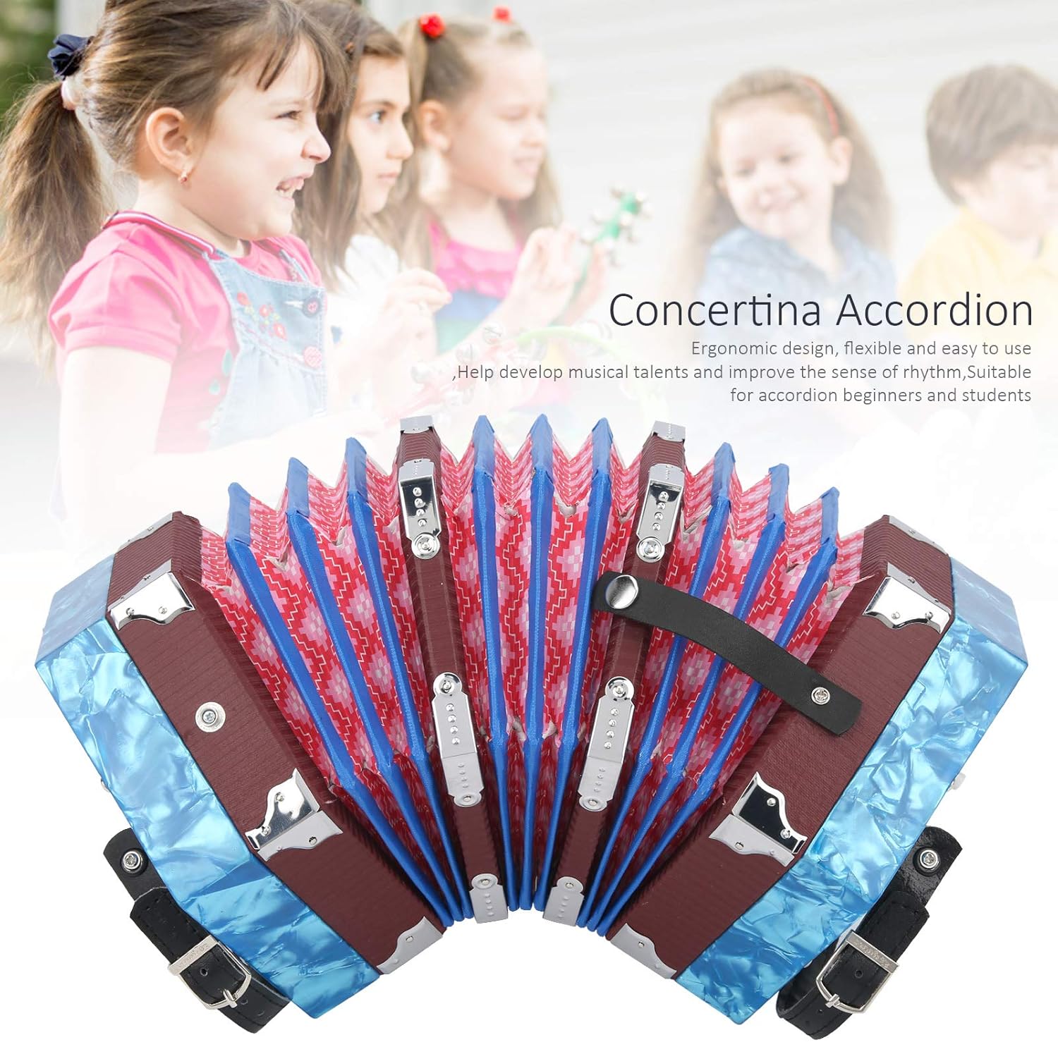 Concertina Accordion Portable Professional Musical Instrument Hand Piano for Adults Students Beginners Performance (Sky Blue)