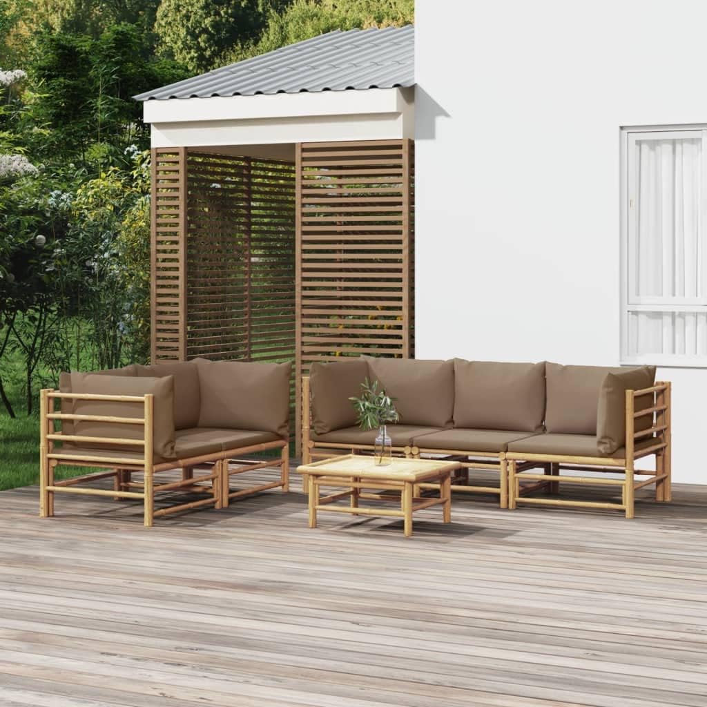 6 Piece Patio Lounge Set with Taupe Cushions Bamboo,Premier Bamboo Patio Lounge Set: Comfort and Versatility for Your Outdoor, Patio Furniture Sets, Outdoor Furniture Sets