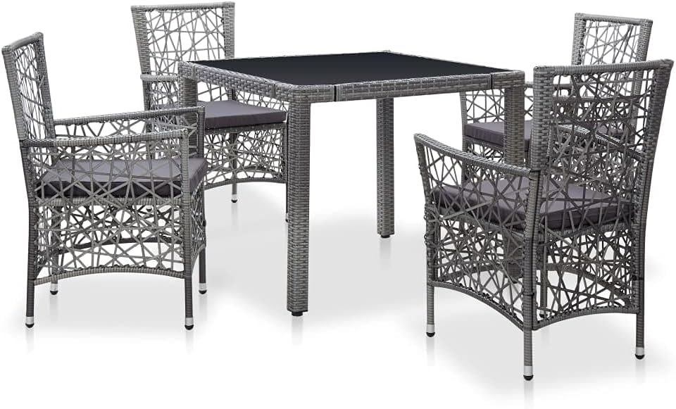 Grey PE Rattan 5-Piece Outdoor Dining Set, Square Steel Tempered Glass Table & 4 Chairs, Patio Furniture for Balcony, Garden, Deck