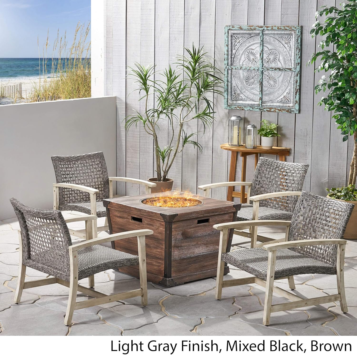 GDFStudio Outdoor 4 Piece Wood and Wicker Club Chair Set with Fire Pit, Light Gray with Mixed Black and Brown