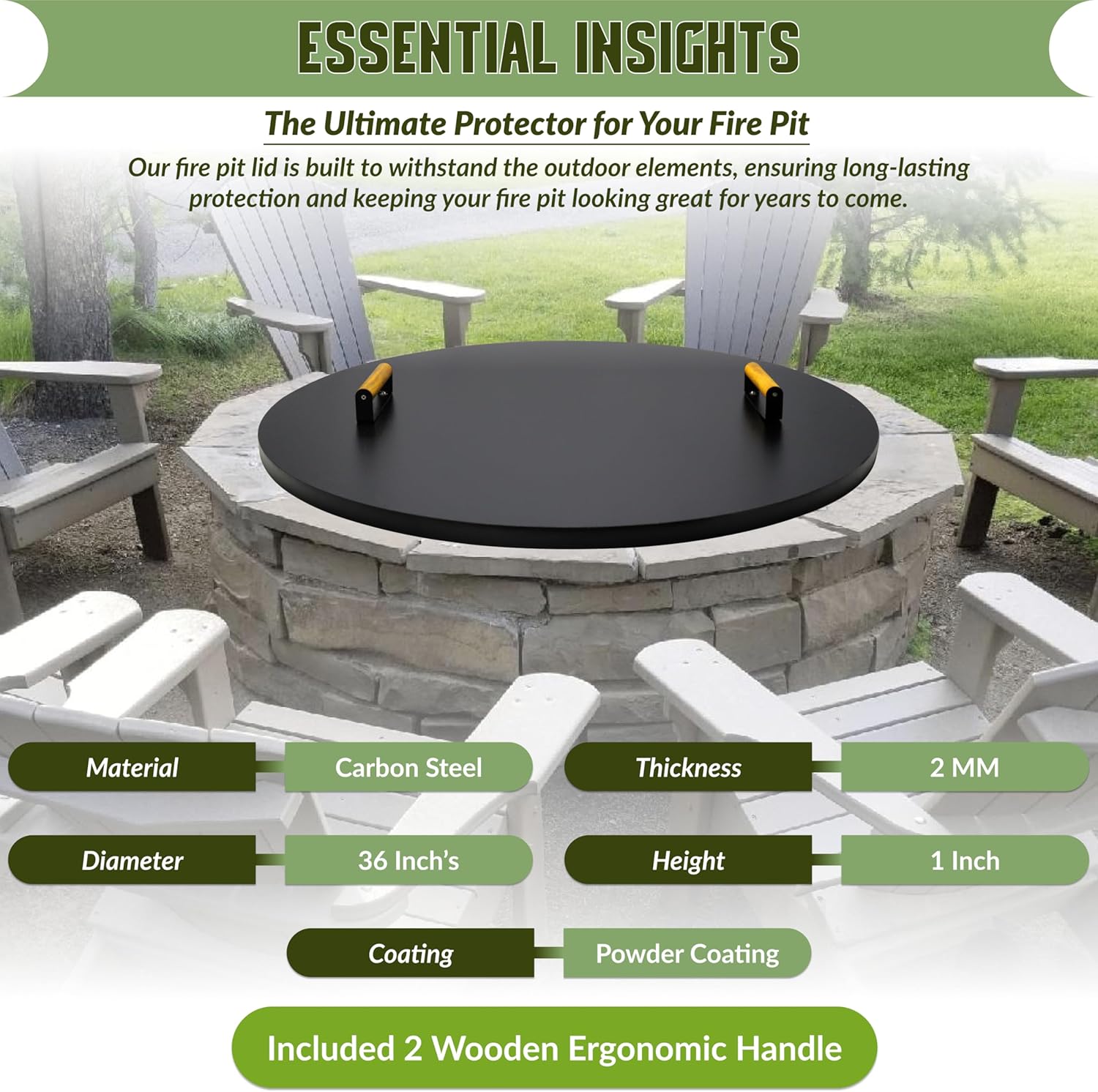 FEBTECH Fire Pit Lid 36 Inch - Steel Fire Pit Lid with 2mm Thickness for Drop-in Burner Fire Pit Pan - Grill Fire Ring Lid with Dual Handle for Outdoor Brick Fire Pit