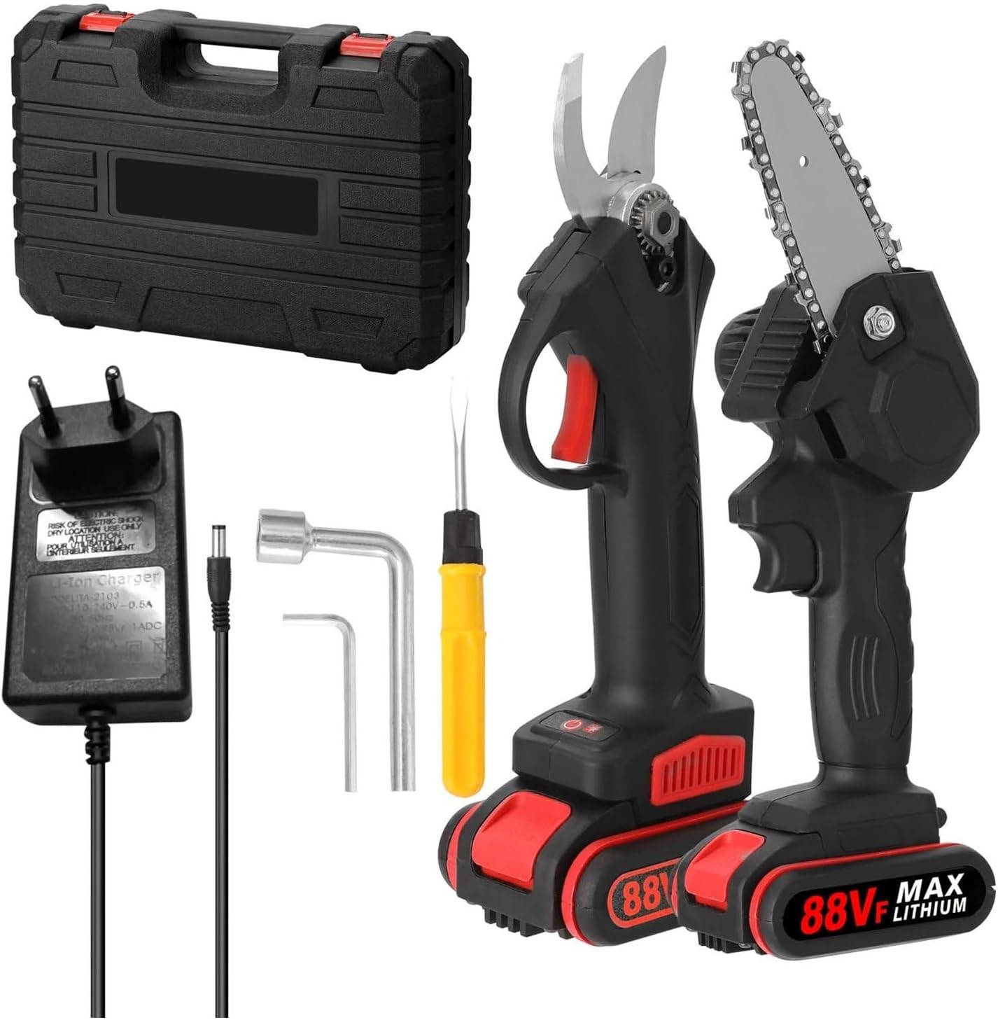 21V 0-25mm Electric Pruning Shear 88VF Cordless 4inch Cahinsaw Trimming Tool Set for Woodworking Garden Orchard Electric Scissor