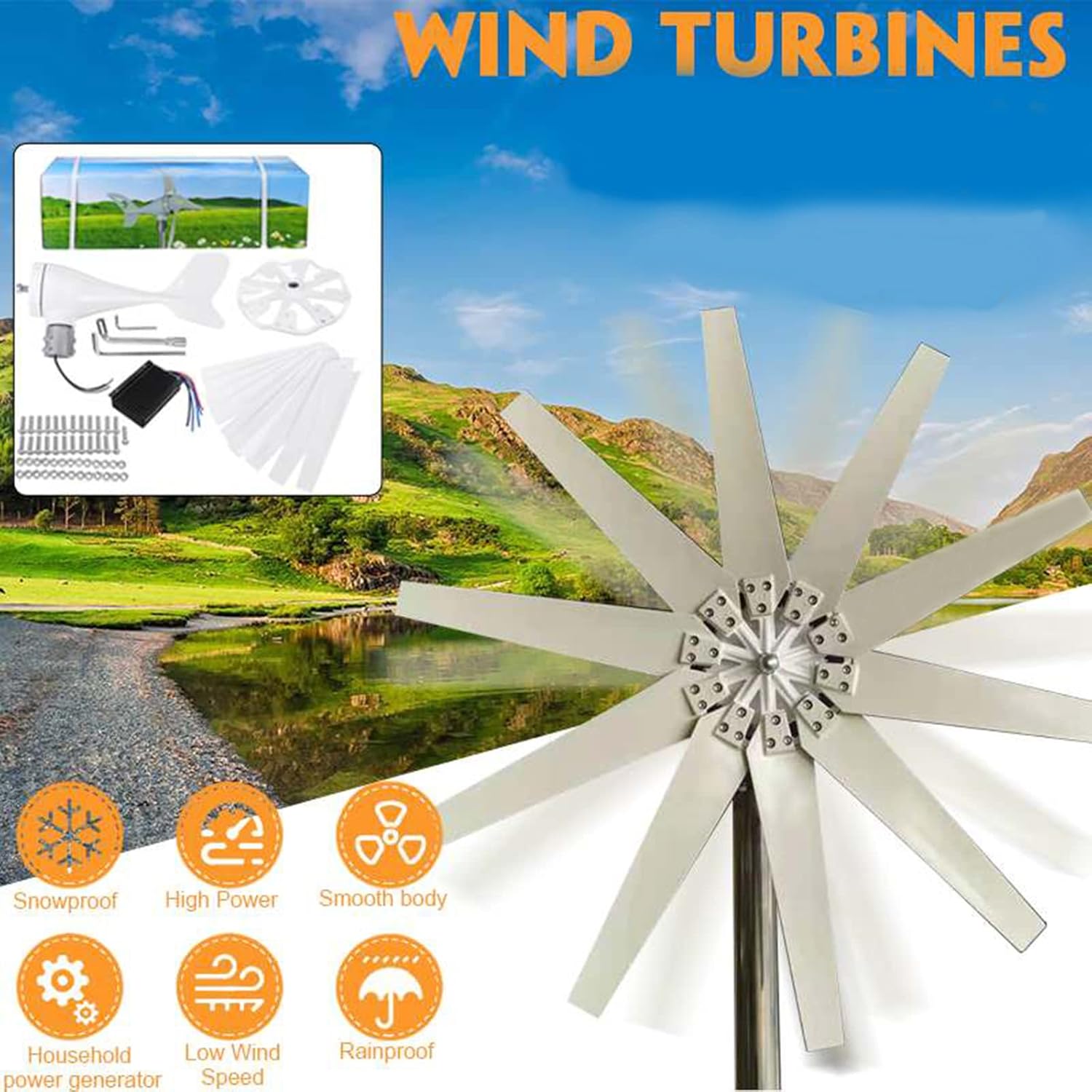 8000W 12V/24V Noiseless Wind Generator Turbines Kit, 10 Blades Generator Power Turbines Kit for Hybrid Solar Wind System(48V,White)