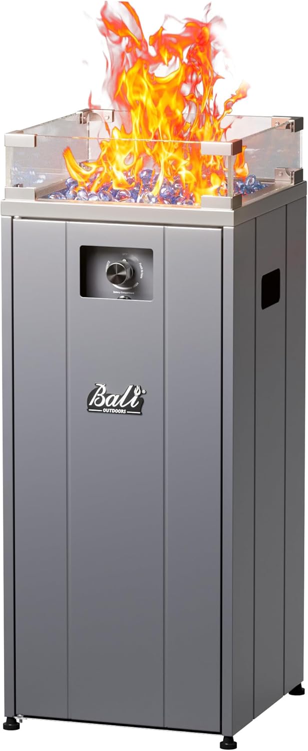 BALI OUTDOORS 15 inch Gas Fire Pit, Outside Propane Firebowl with Glass Wind Guard, Patio Square Fireplace with Fire Glass Stone for Backyard, Garden and Terrace