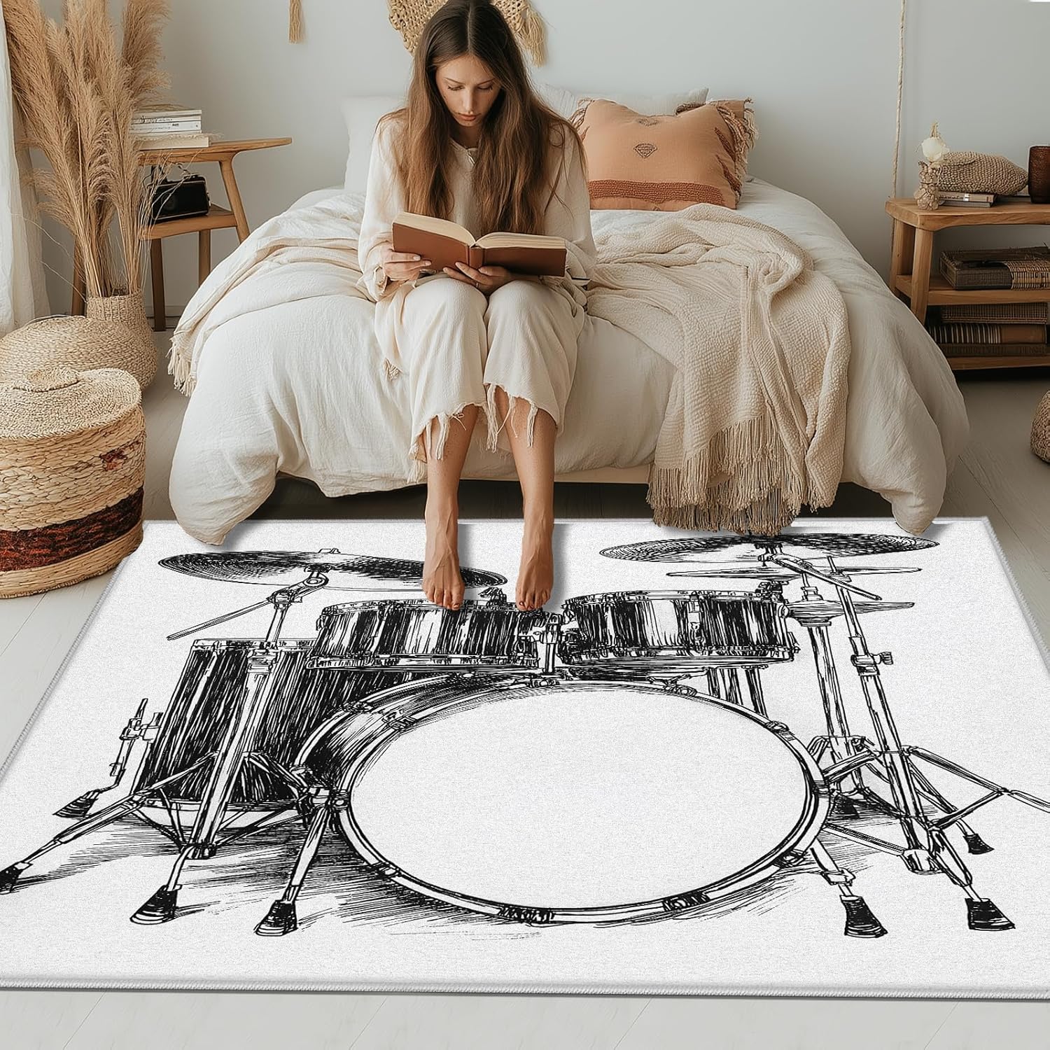 Drum Set Carpet for Bedroom, Sketch Music Theme Large Rug for Living Room, Musical Instrument Area Rug 8x10 ft Low Pile Soft Non Slip Machine Washable Rugs for Playroom Office Nursery Dorm