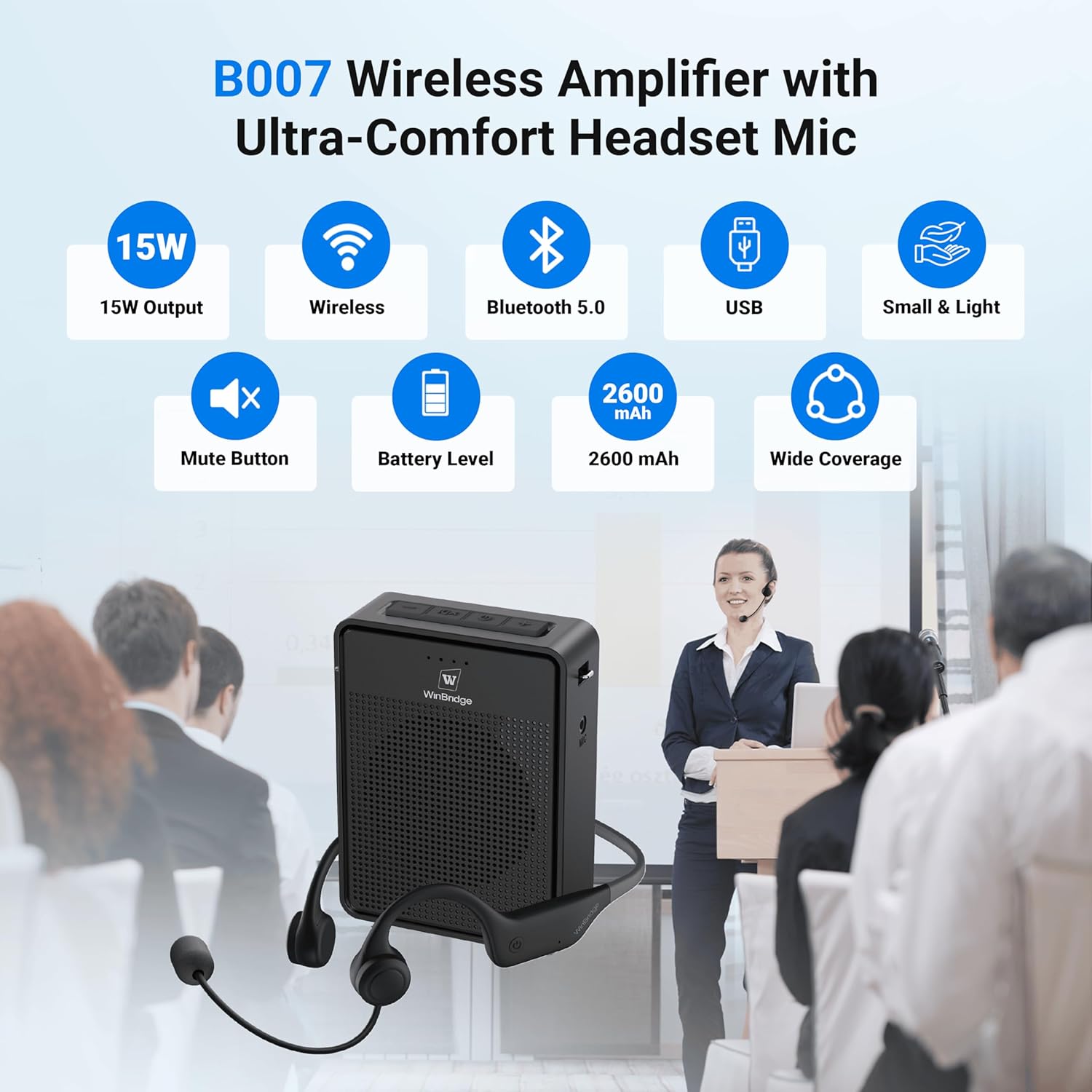 Voice Amplifier Wireless Ear-Hook Headset Microphone, Original Sound Portable Microphone and Speaker Pa System, 15W Speaker with Noise Cancelling Bluetooth Mic for Teachers, Fitness, Elderly B007