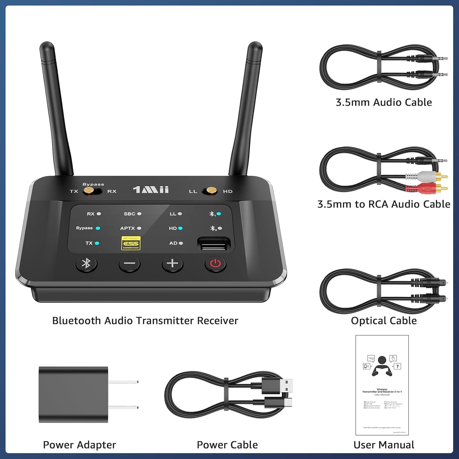 1Mii B03S Bluetooth 5.3 Transmitter Receiver for TV Home Stereo, Wireless Audio Adapters with Audiophile DAC, aptX Adaptive/LL/HD, Dual Link, Optical RCA AUX 3.5mm Inputs/Outputs